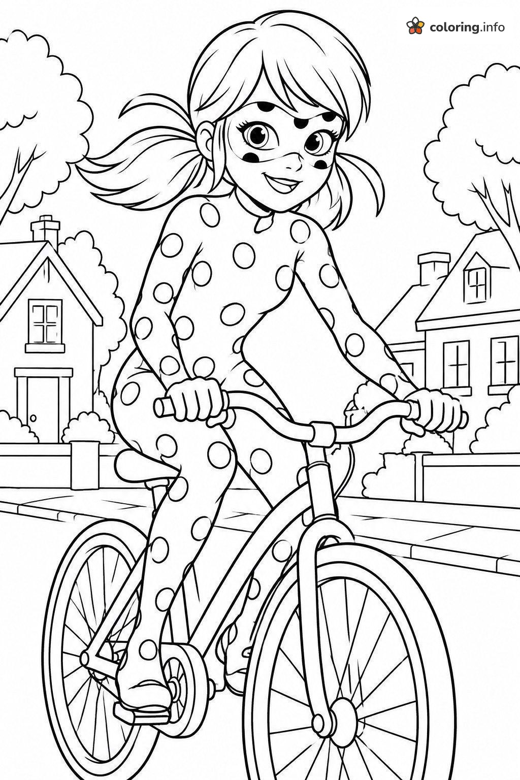 Pedaling Ladybug Girl on a Quiet Neighborhood Street coloring sheet Pedaling Ladybug Girl on a Quiet Neighborhood Street coloring sheet