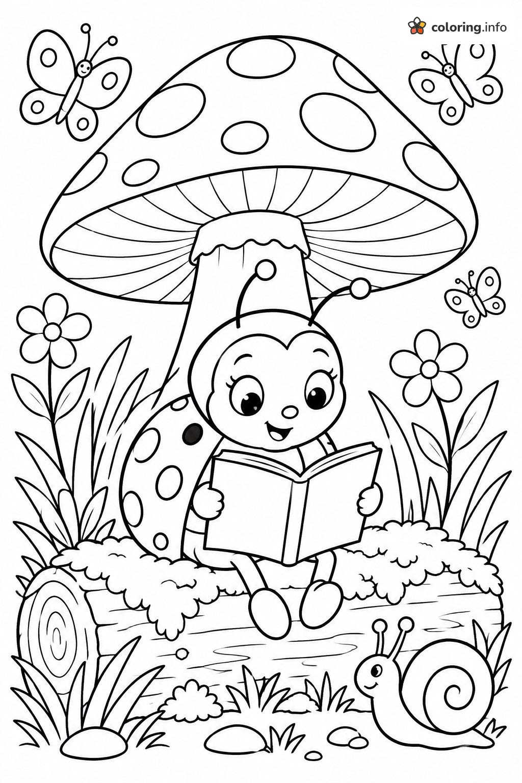 Bookworm Ladybug Reading Under a Mushroom printable coloring page Bookworm Ladybug Reading Under a Mushroom printable coloring page