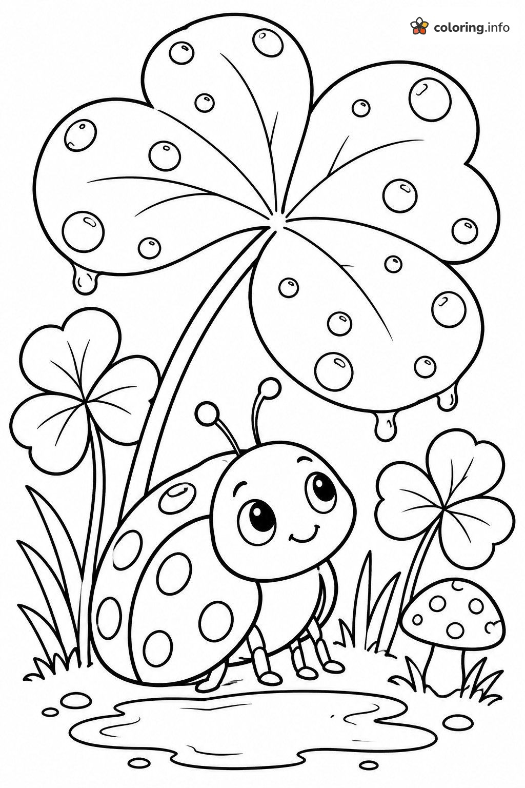 Rainy Day Ladybug Peeking Under a Clover Leaf coloring page Rainy Day Ladybug Peeking Under a Clover Leaf coloring page