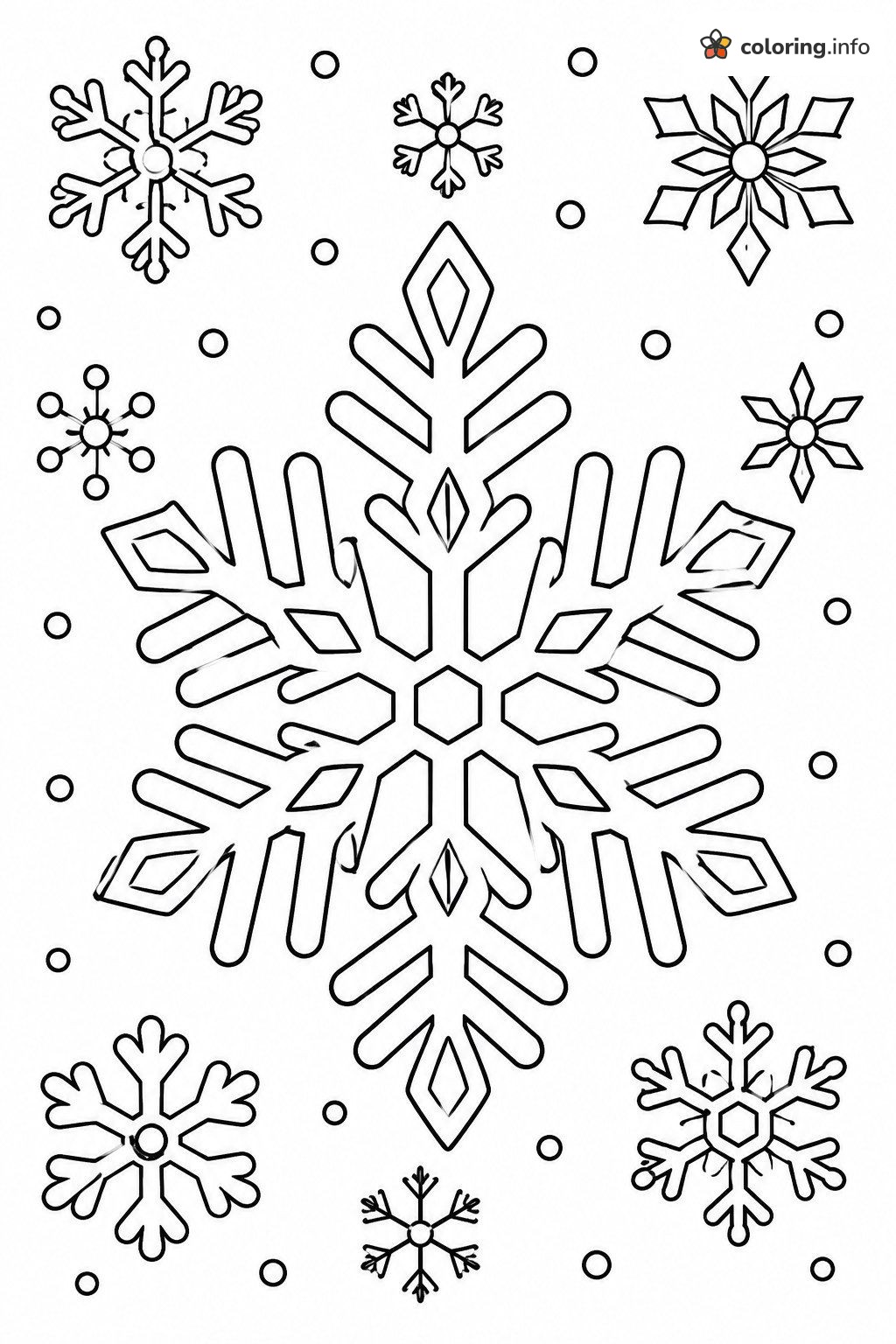 Big Snowflake with Smaller Snowflakes and Dots (Hard / Detailed) coloring page Big Snowflake with Smaller Snowflakes and Dots (Hard / Detailed) coloring page