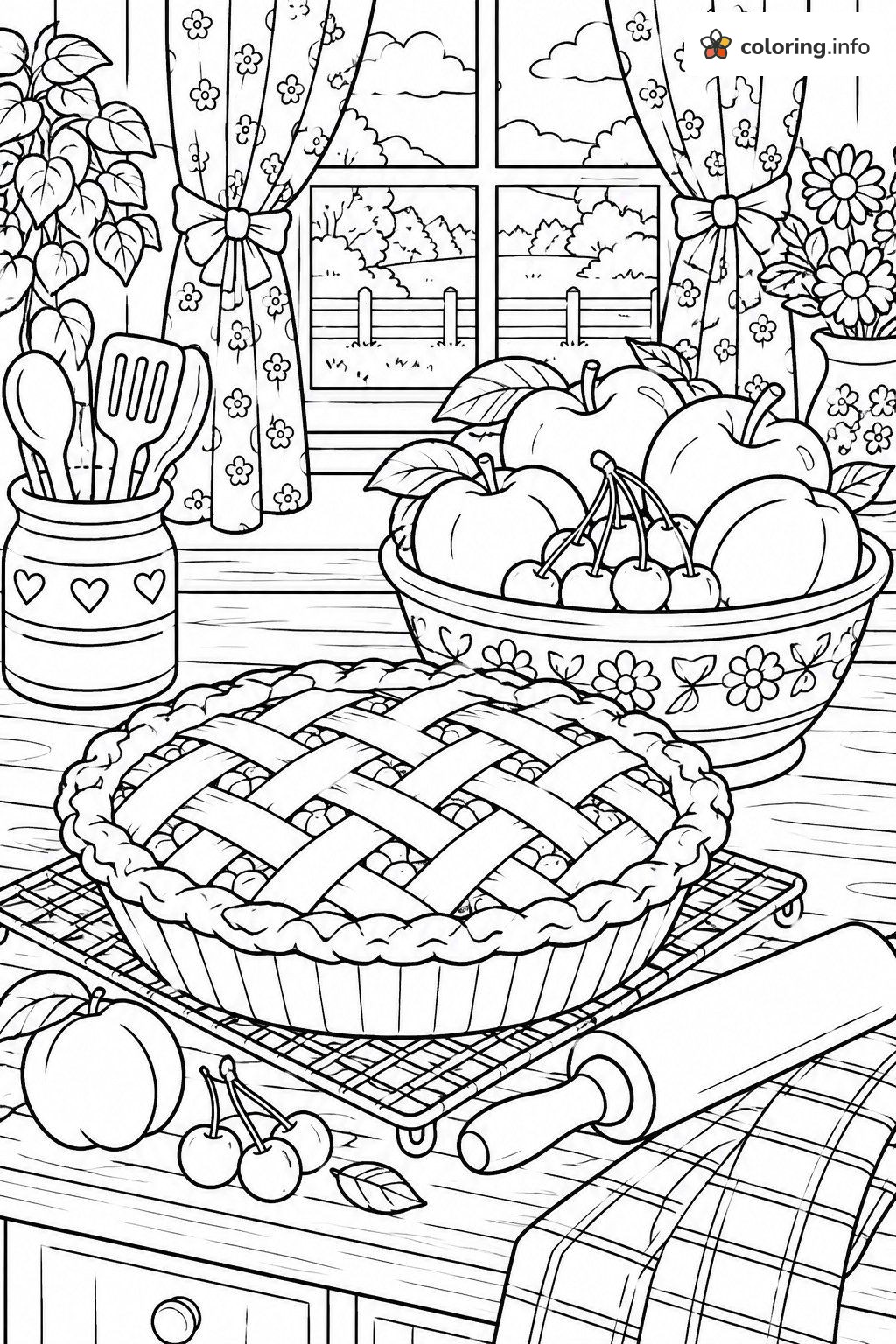 Lattice Pie and Apple Fruit Bowl in the Kitchen coloring page Lattice Pie and Apple Fruit Bowl in the Kitchen coloring page