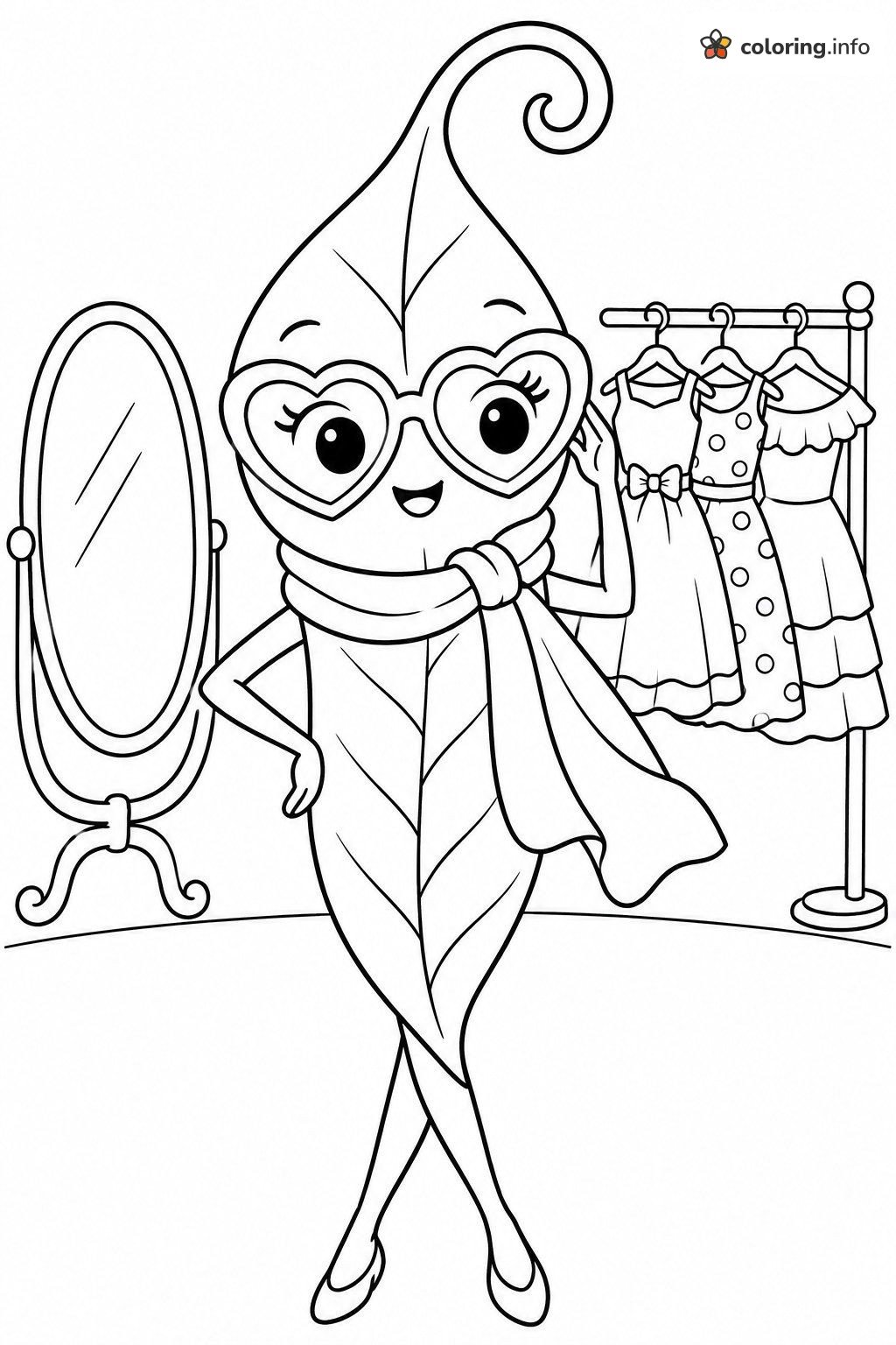 Leaf Girl in Heart Sunglasses by the Mirror, Inside Out Printable coloring page Leaf Girl in Heart Sunglasses by the Mirror, Inside Out Printable coloring page