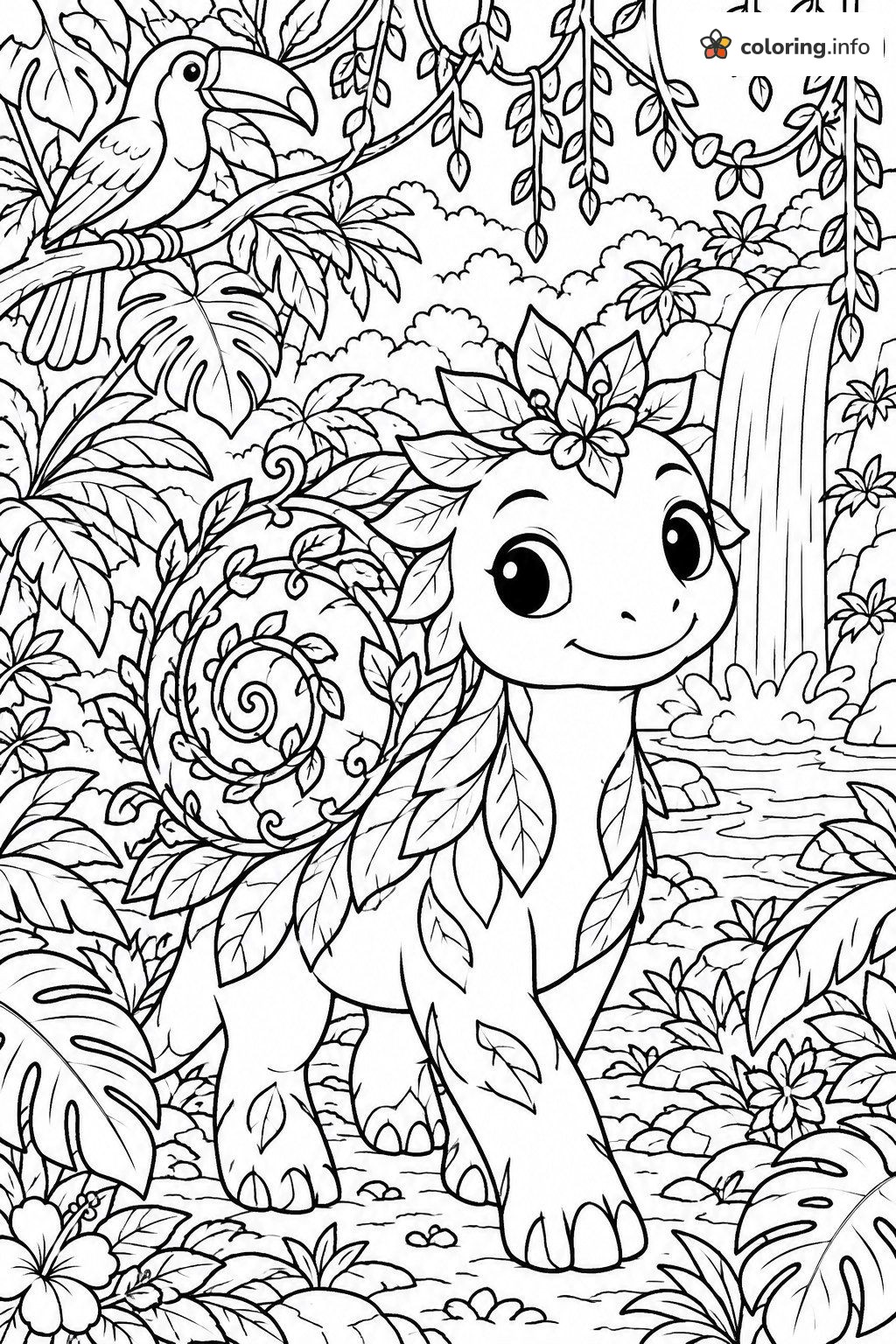 Jungle Waterfall Walk With a Leafy Bulbasaur-Style Baby Dino coloring page Jungle Waterfall Walk With a Leafy Bulbasaur-Style Baby Dino coloring page