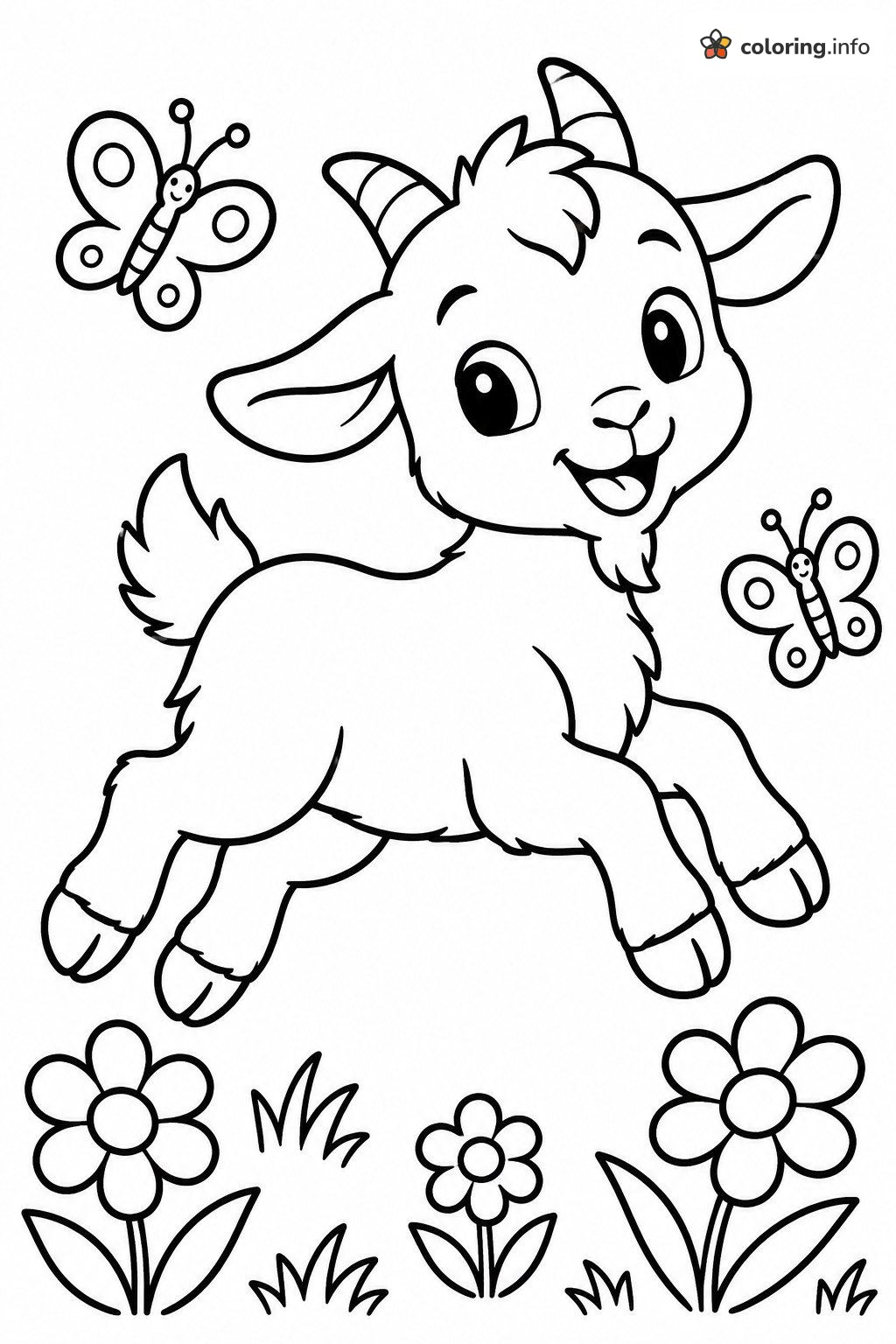 Leaping Kid Goat with Butterflies and Flowers coloring page Leaping Kid Goat with Butterflies and Flowers coloring page