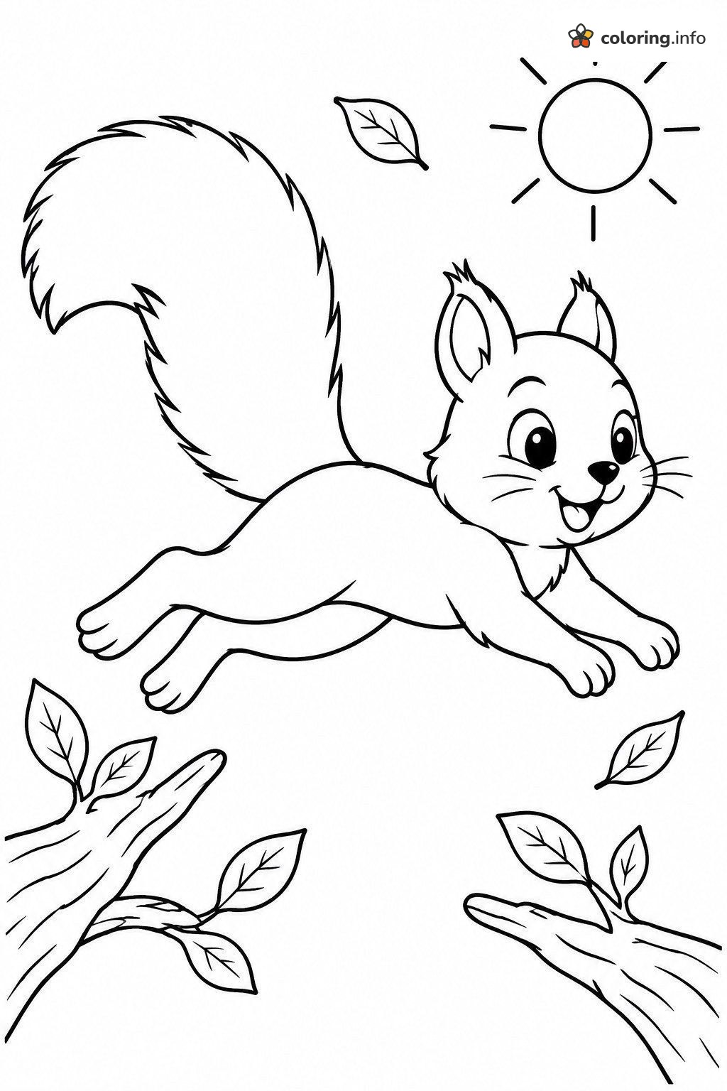 Mid-Leap Squirrel with a Bushy Tail Between Branches coloring page Mid-Leap Squirrel with a Bushy Tail Between Branches coloring page