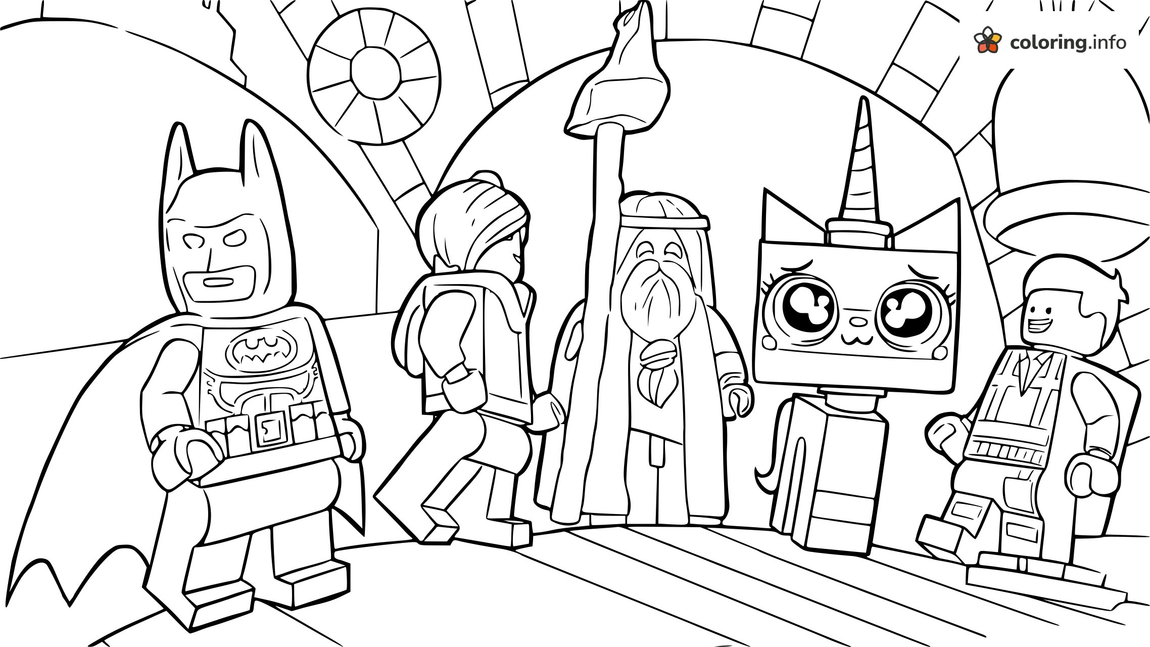 Five Minifigures in a Domed Hall with Lego Batman coloring page Five Minifigures in a Domed Hall with Lego Batman coloring page