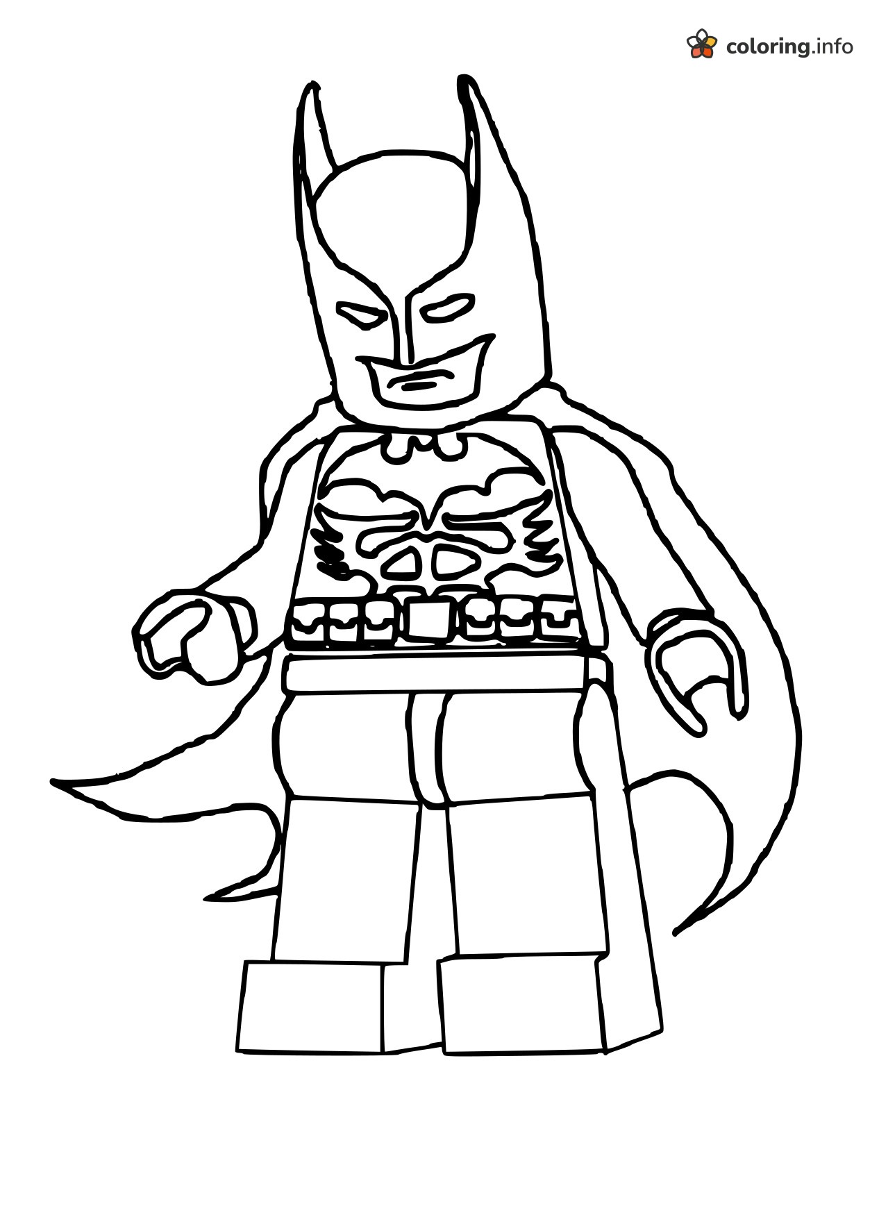 Smirking LEGO Batman Minifigure in a Long Cape printable coloring page Smirking LEGO Batman Minifigure in a Long Cape printable coloring page
