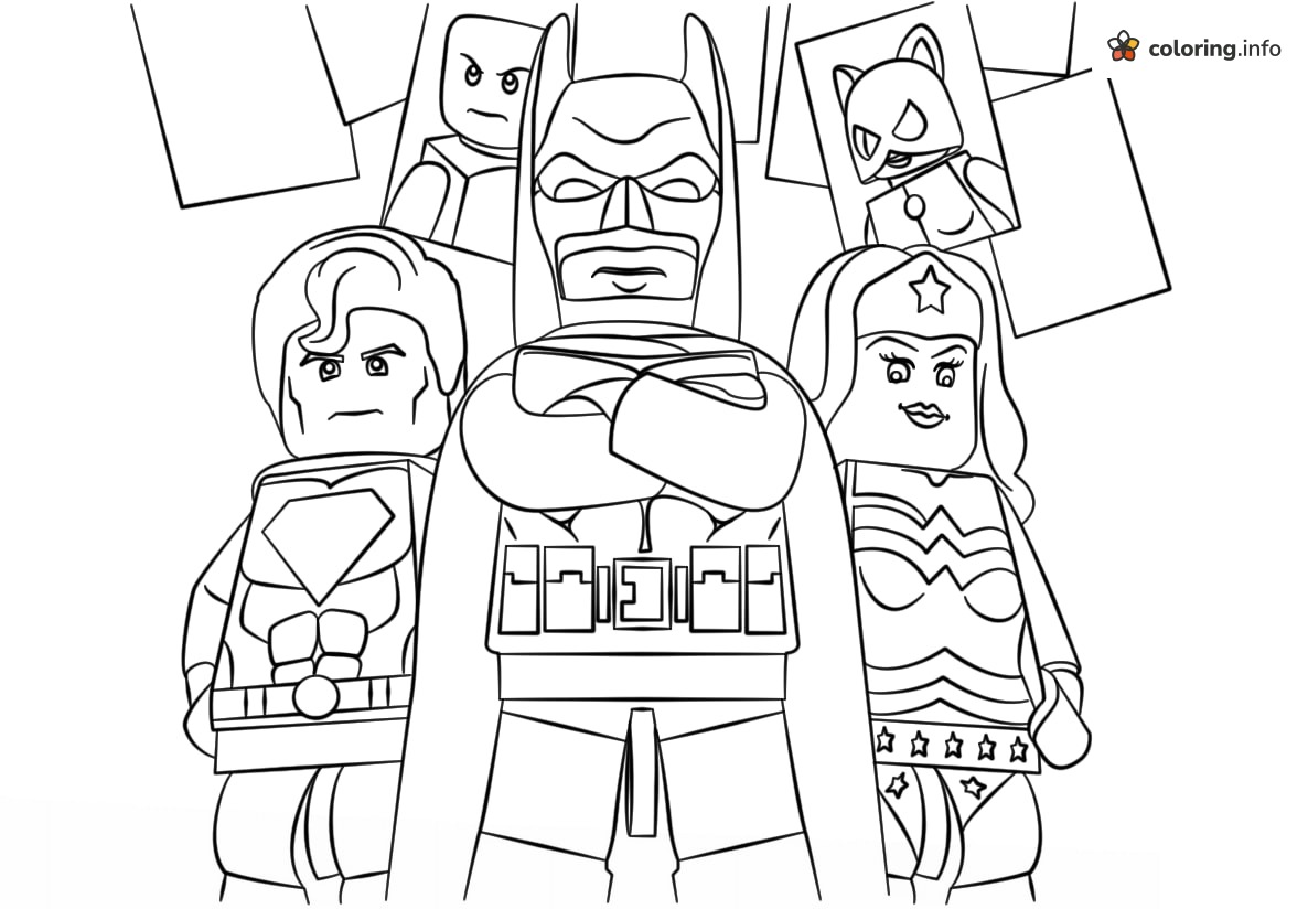 Lego Batman Crossing Arms Beside Superman and Wonder Woman printable coloring page Lego Batman Crossing Arms Beside Superman and Wonder Woman printable coloring page