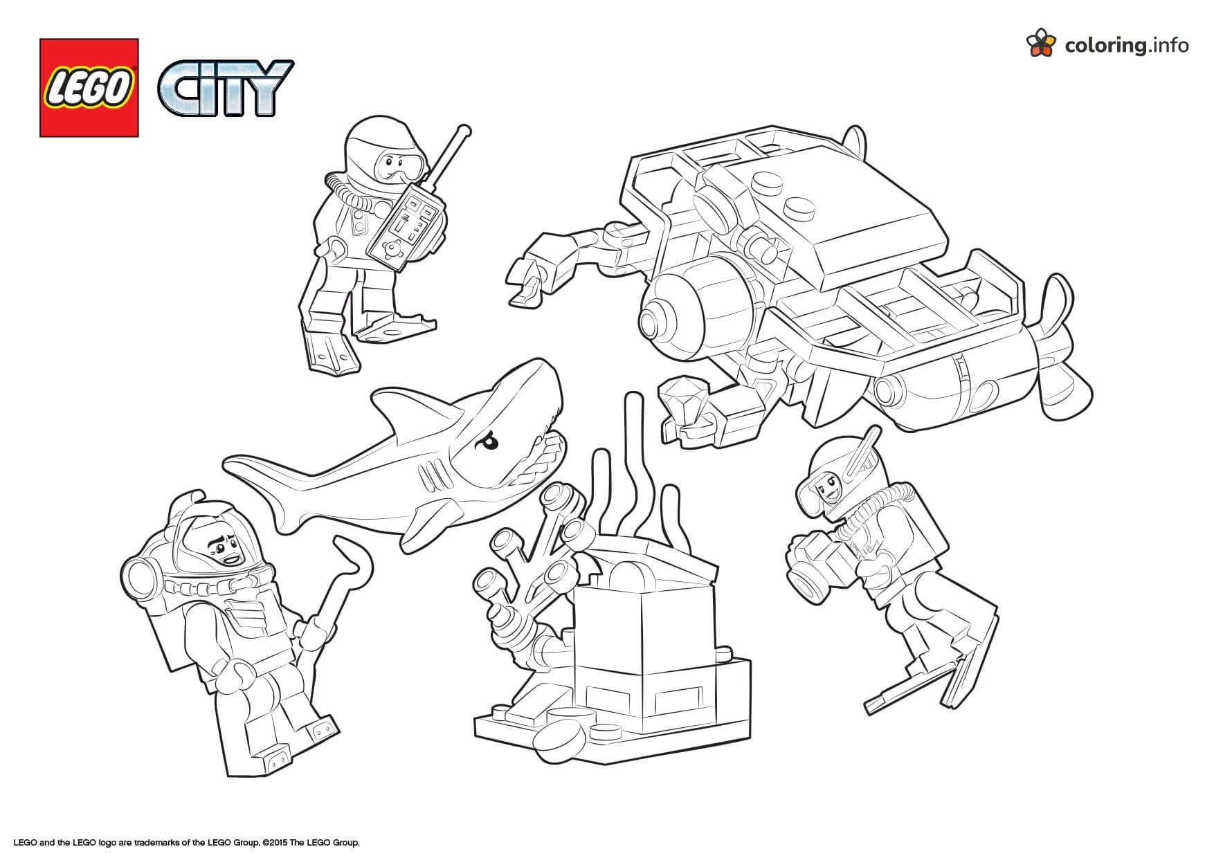 Underwater Lego City Divers, Shark and Submersible coloring sheet Underwater Lego City Divers, Shark and Submersible coloring sheet