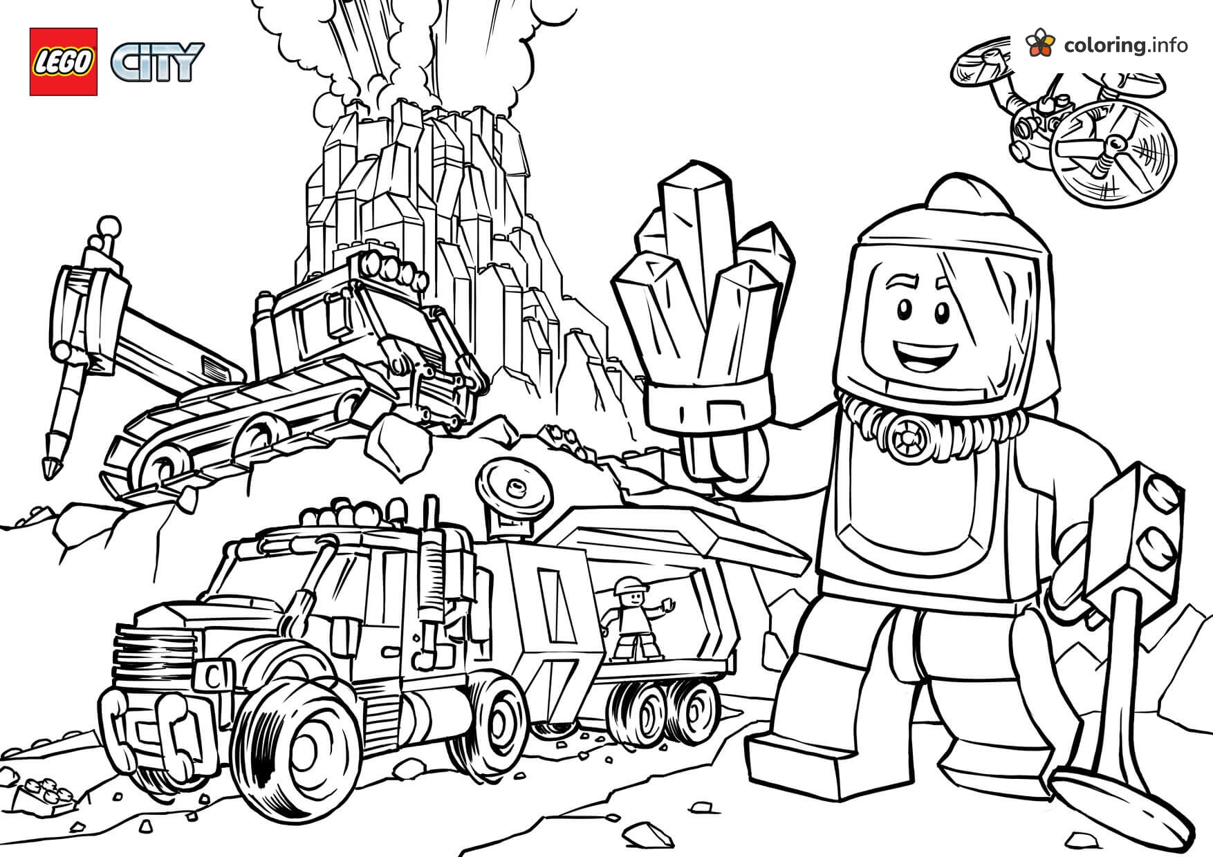 Crystal Hunter and Mining Trucks at a Lego City Volcano coloring sheet Crystal Hunter and Mining Trucks at a Lego City Volcano coloring sheet