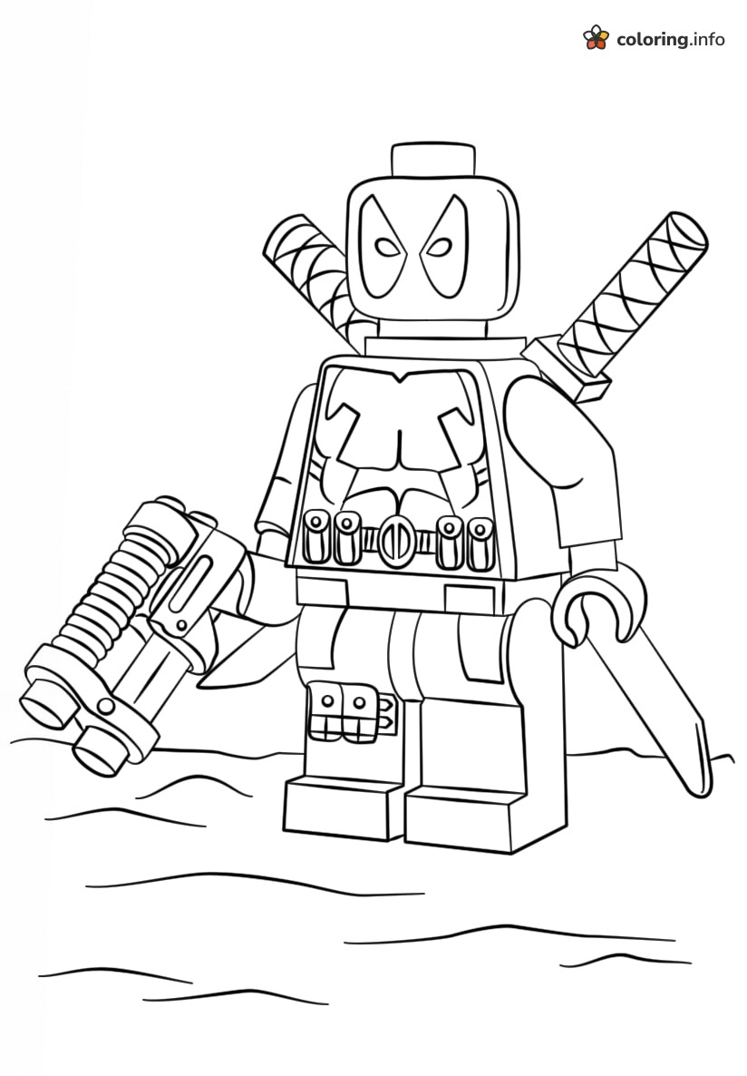 LEGO Deadpool Minifigure With Blaster and Katanas coloring page LEGO Deadpool Minifigure With Blaster and Katanas coloring page