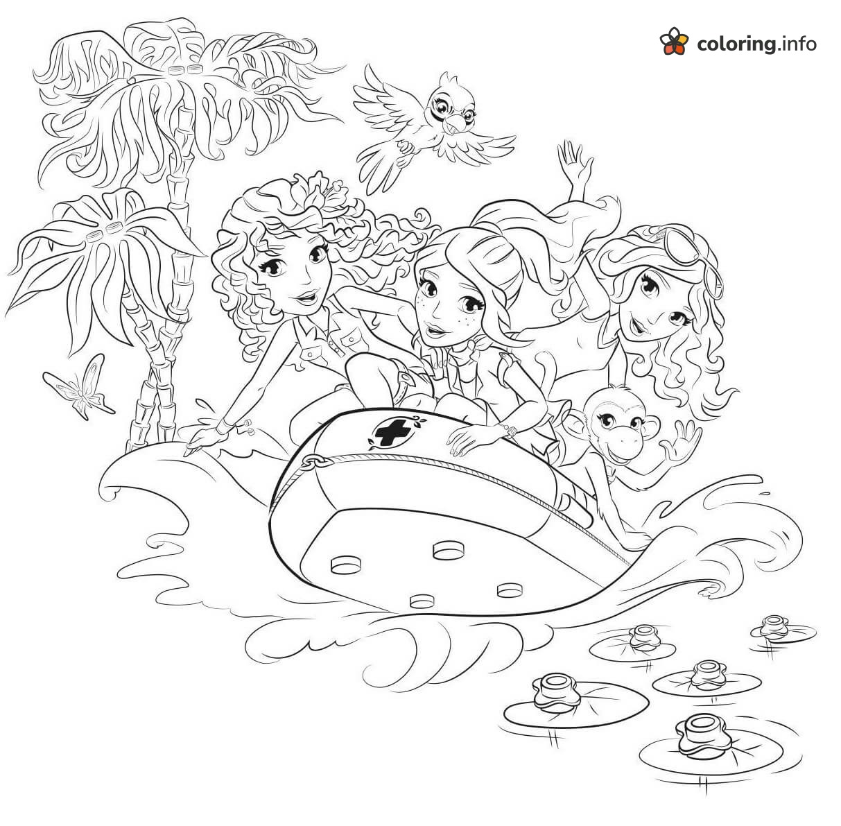 Jungle Raft Adventure with Lego Friends and a Monkey coloring page Jungle Raft Adventure with Lego Friends and a Monkey coloring page