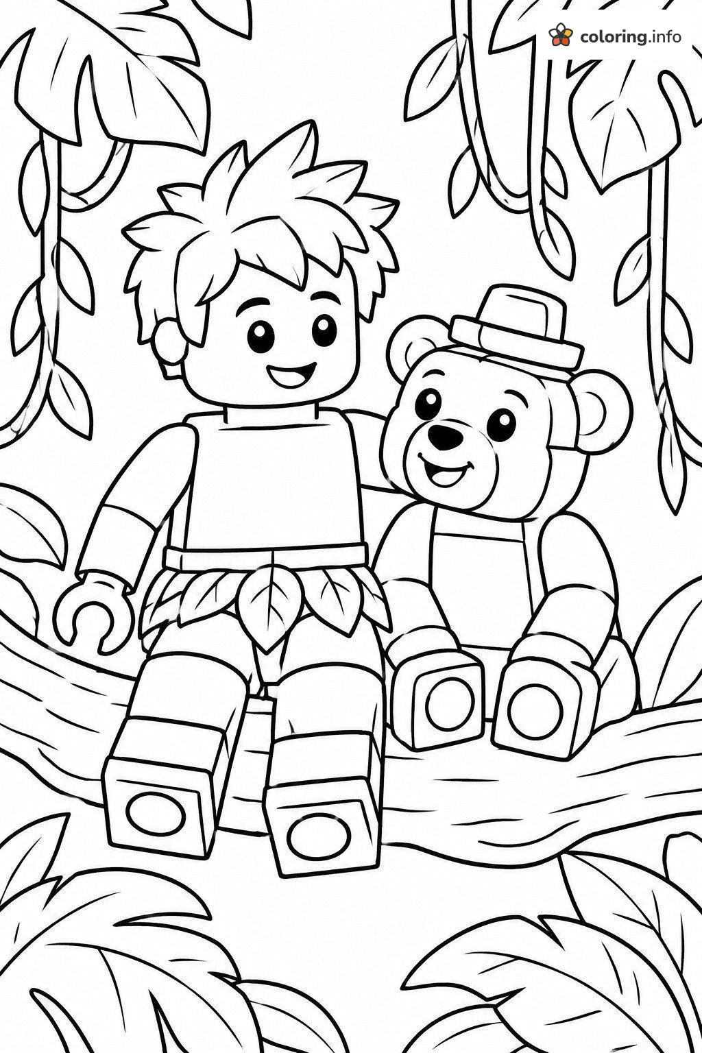Jungle Boy Hugging a Teddy Bear on a Branch, Lego Disney Scene printable coloring page Jungle Boy Hugging a Teddy Bear on a Branch, Lego Disney Scene printable coloring page