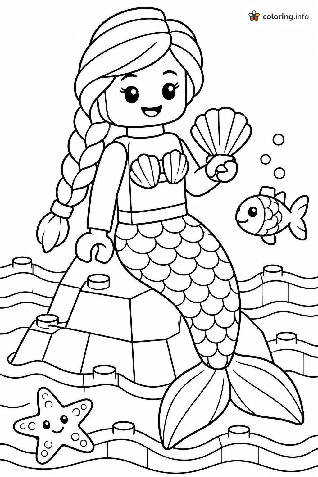 Mermaid With a Seashell on a Brick Rock, Lego Disney Printable coloring page Mermaid With a Seashell on a Brick Rock, Lego Disney Printable coloring page