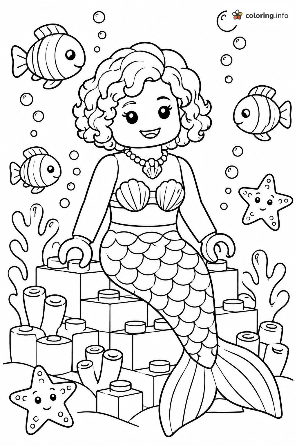 Underwater Mermaid on a Brick Castle, Lego Disney Style coloring sheet Underwater Mermaid on a Brick Castle, Lego Disney Style coloring sheet