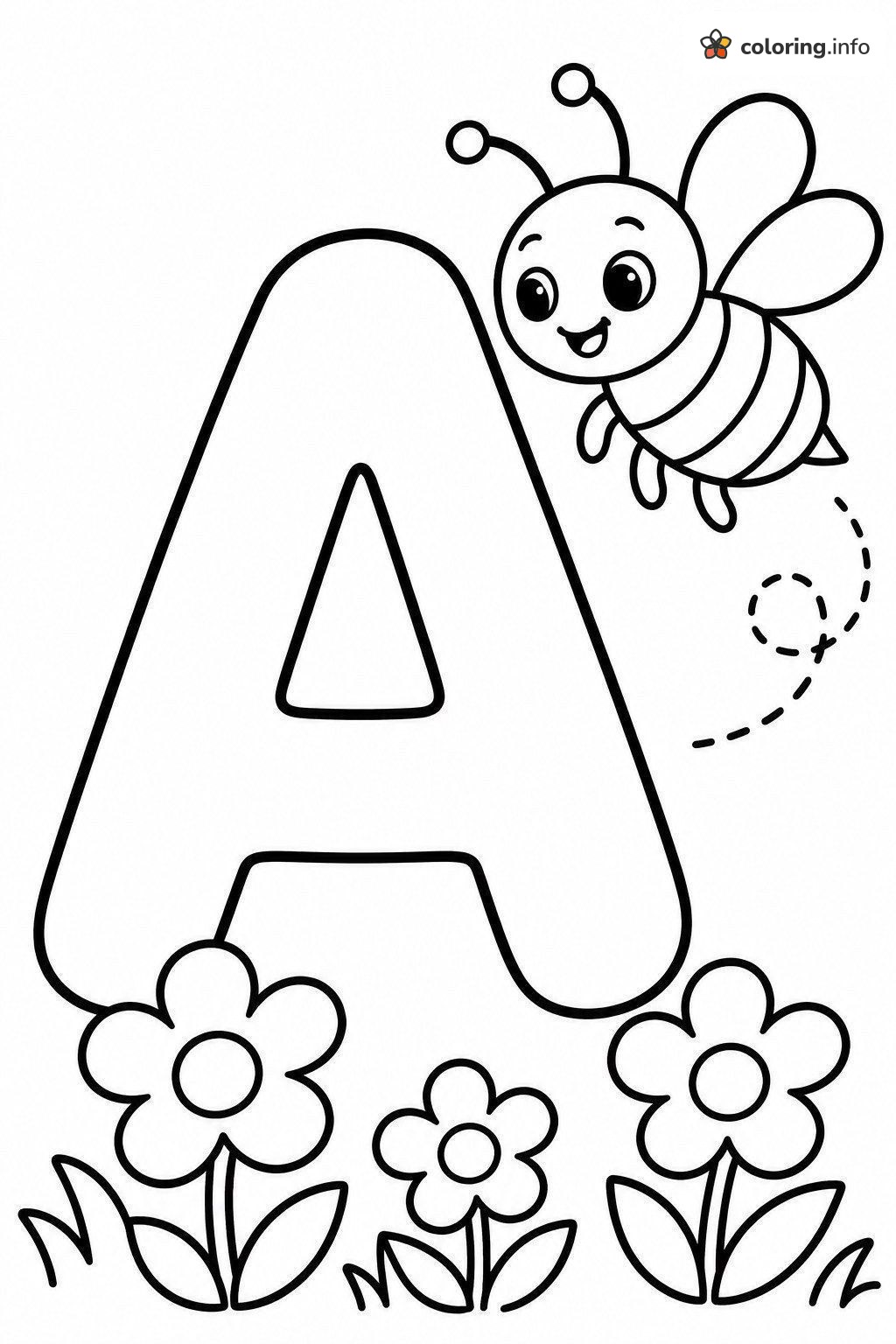 Smiling Bee and Flowers with a Big Letter A, Alphabet Page coloring page Smiling Bee and Flowers with a Big Letter A, Alphabet Page coloring page
