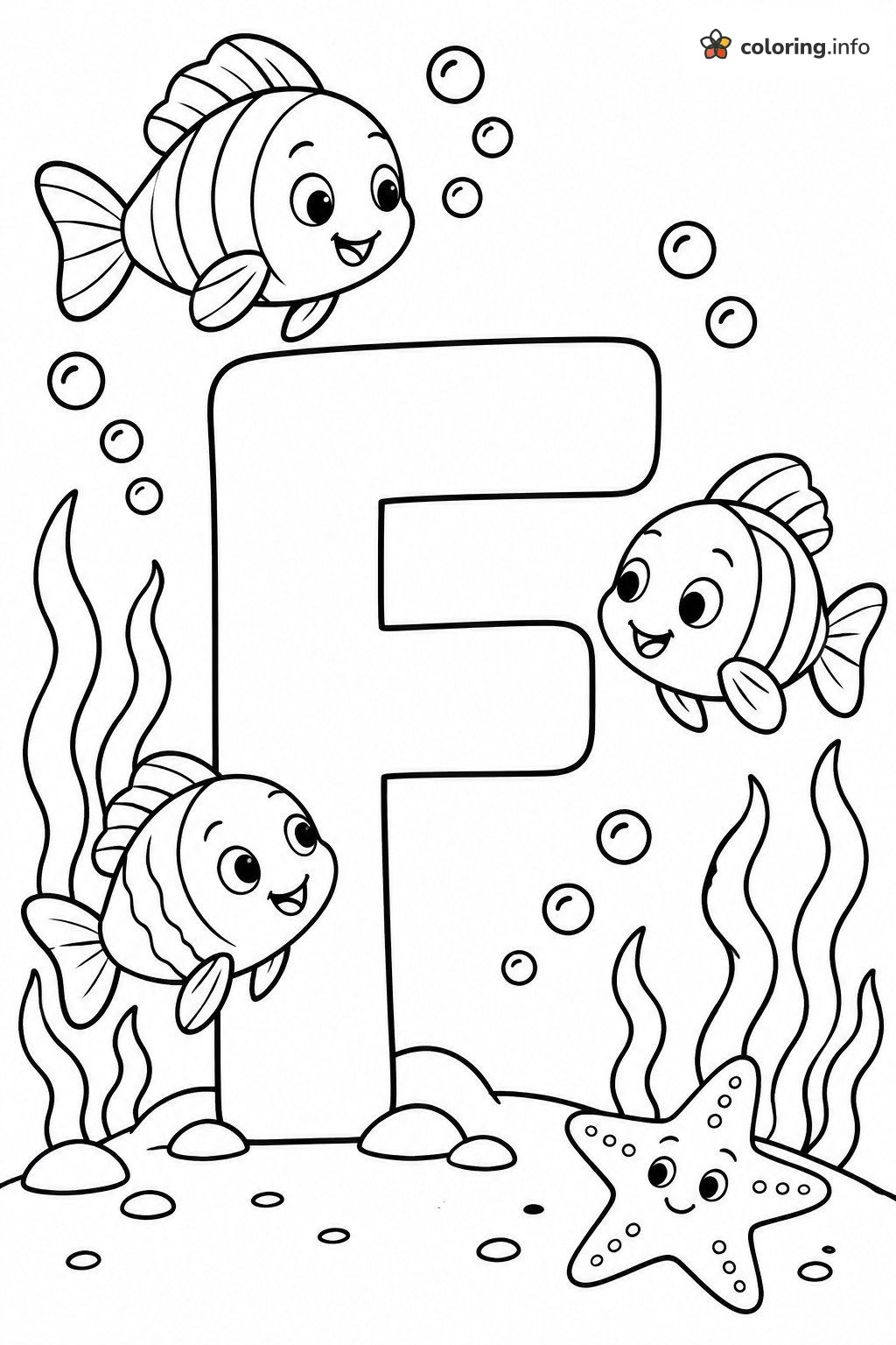 Underwater Alphabet Scene with Letter F Fish coloring page Underwater Alphabet Scene with Letter F Fish coloring page
