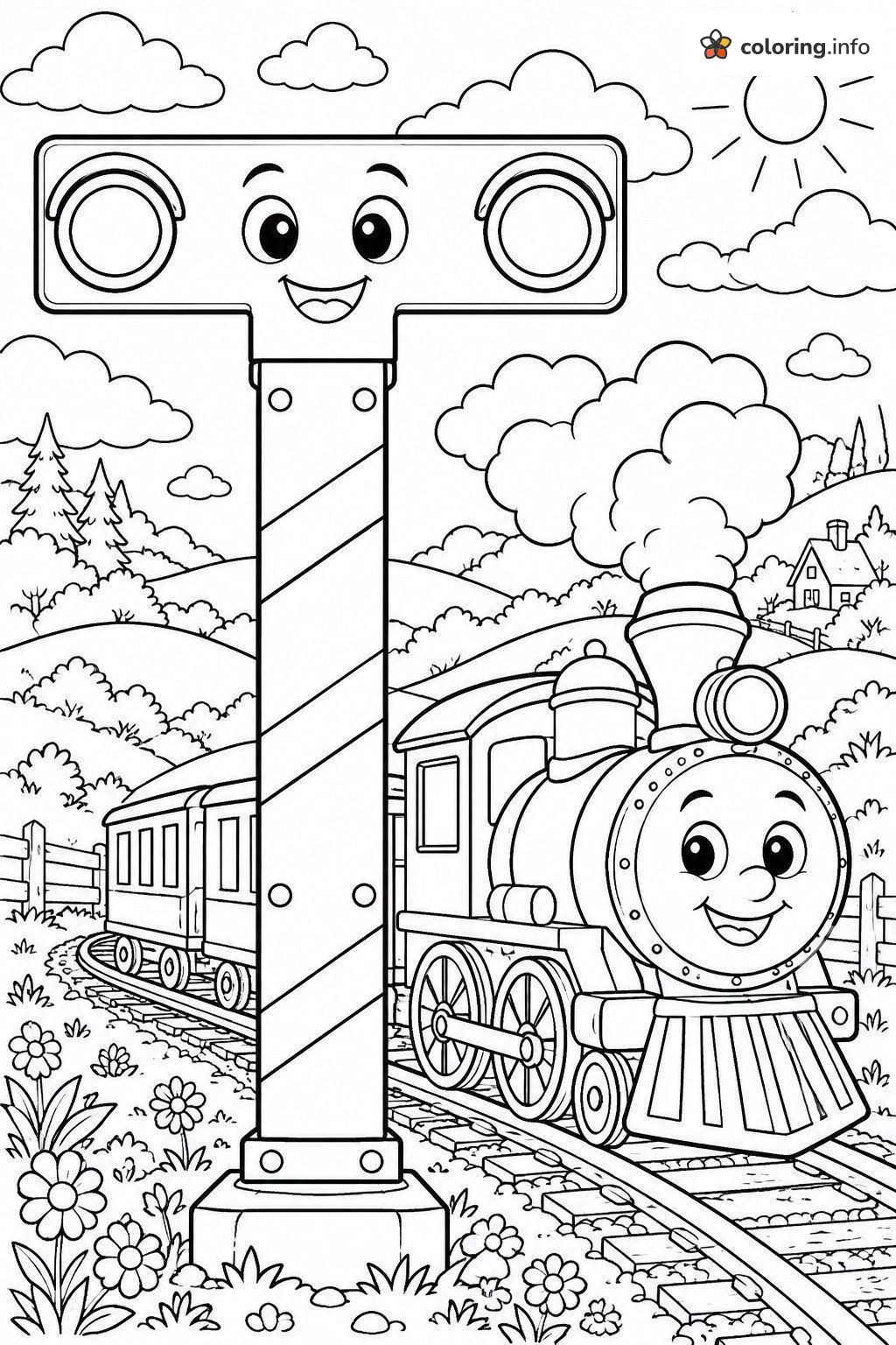 Steam Train and Letter T Signal, Alphabet Printable printable coloring page Steam Train and Letter T Signal, Alphabet Printable printable coloring page