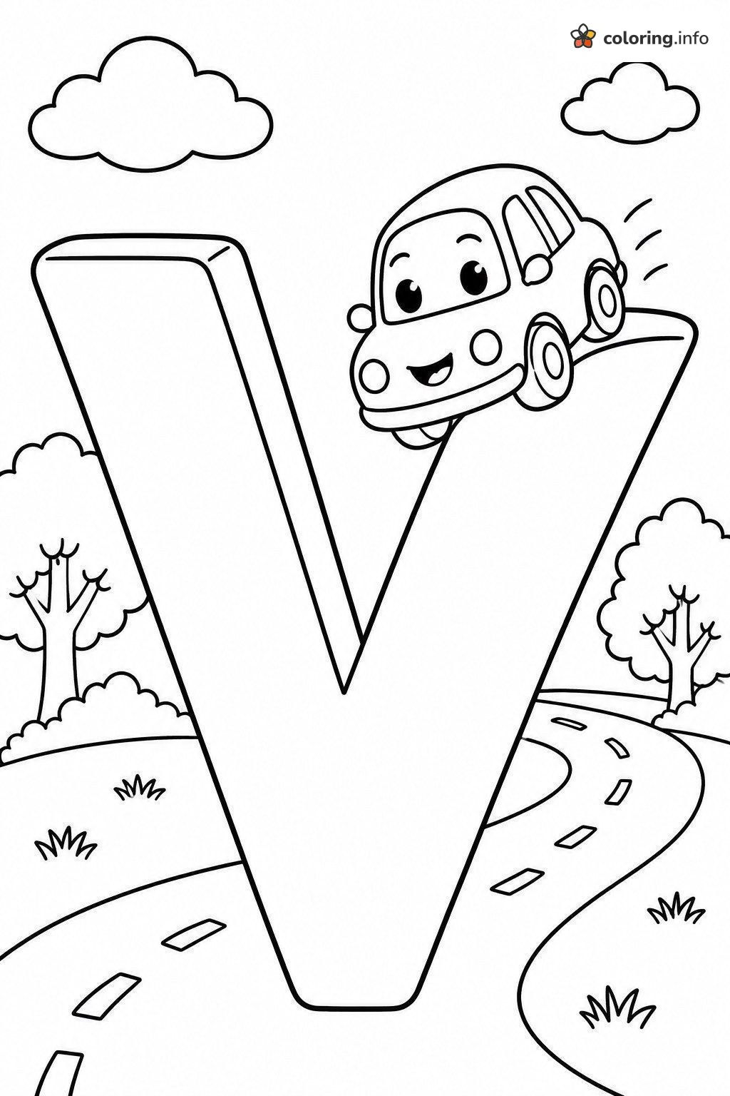 Little Car on Letter V, a Printable Alphabet Page printable coloring page Little Car on Letter V, a Printable Alphabet Page printable coloring page
