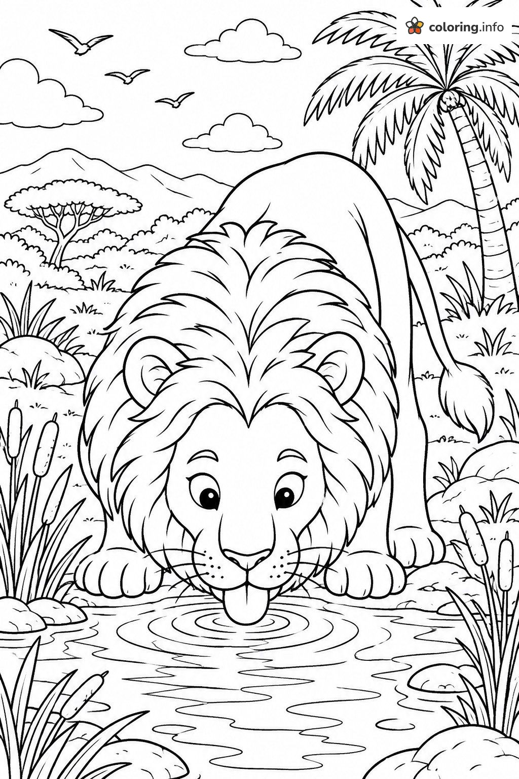Thirsty Lion Drinking From a Pond Beside a Palm Tree coloring page Thirsty Lion Drinking From a Pond Beside a Palm Tree coloring page