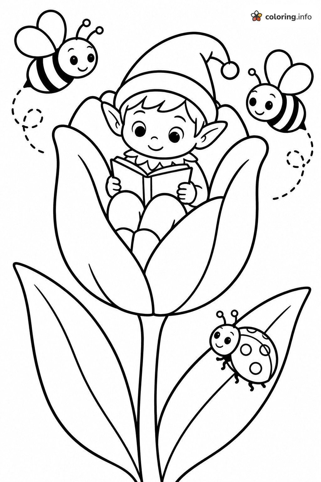 Tiny Elf Reading in a Tulip with Bees and a Ladybug coloring page Tiny Elf Reading in a Tulip with Bees and a Ladybug coloring page