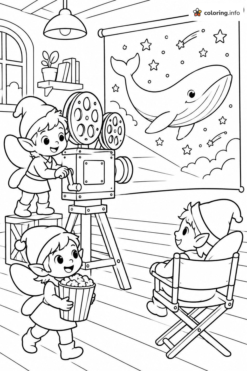 Elves Having a Whale Movie Night, Inside Out Coloring Page Elves Having a Whale Movie Night, Inside Out Coloring Page