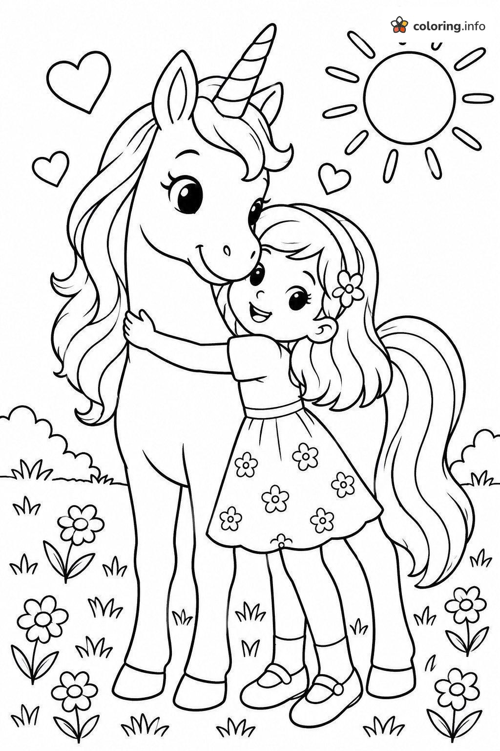 Girl and Her Unicorns Sharing a Hug in the Meadow coloring sheet Girl and Her Unicorns Sharing a Hug in the Meadow coloring sheet