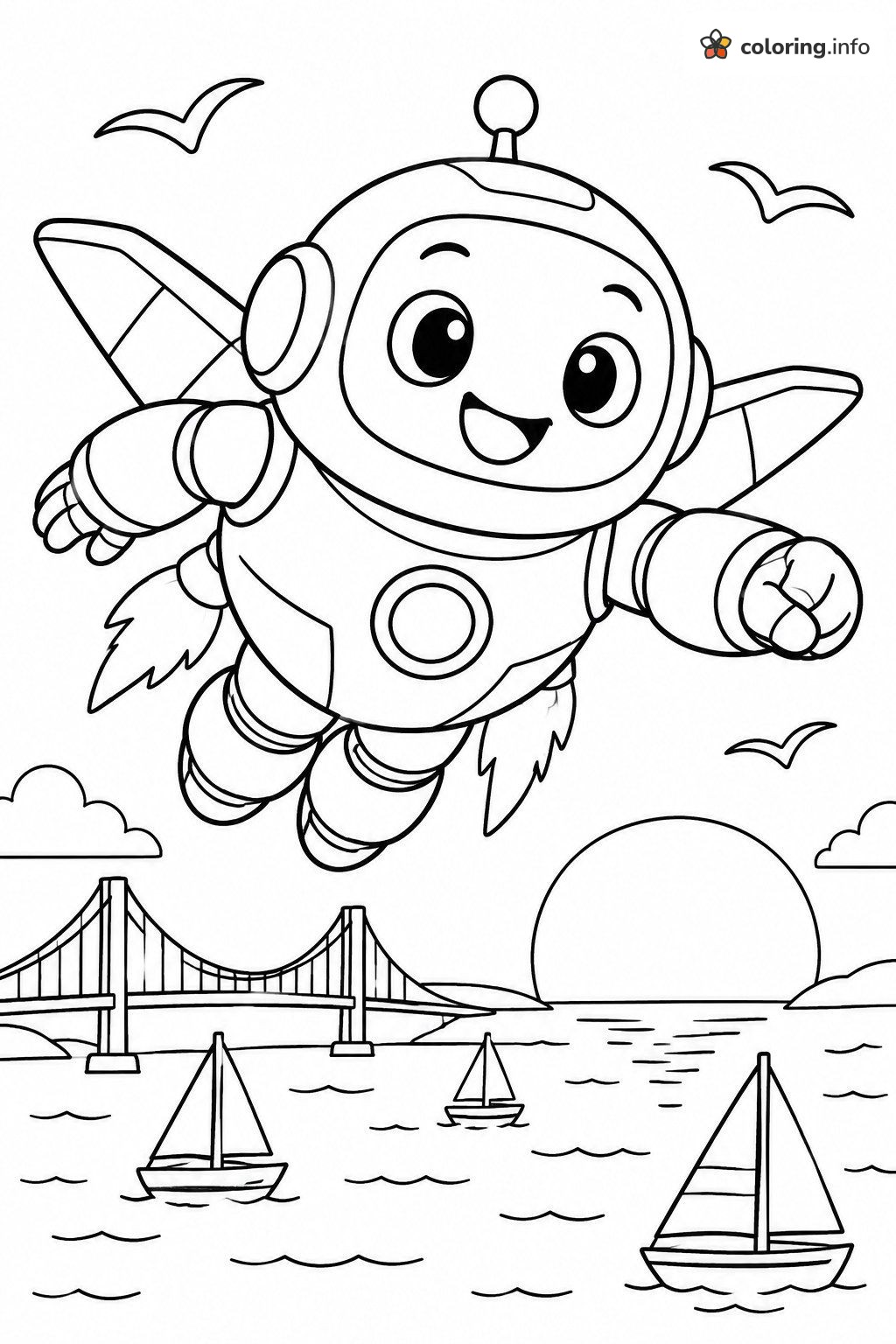 Jet Boots Robot Over a Bridge, Big Hero 6 Style Coloring Page Jet Boots Robot Over a Bridge, Big Hero 6 Style Coloring Page