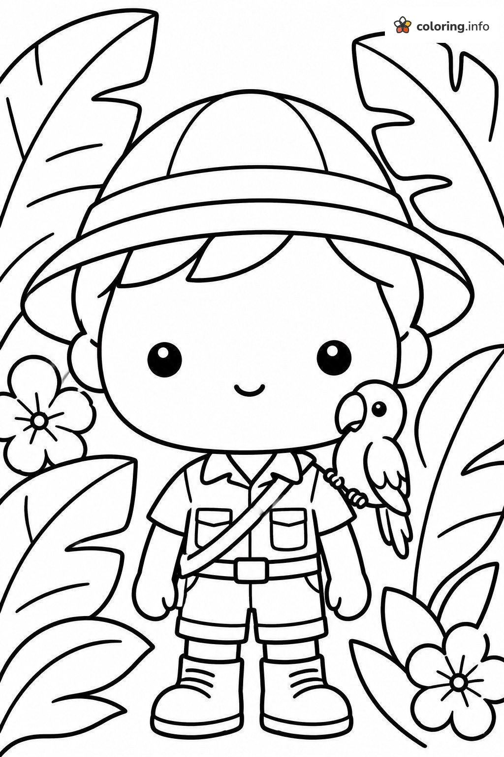 Safari Explorer Funko Pop! with Parrot Among Jungle Leaves coloring page Safari Explorer Funko Pop! with Parrot Among Jungle Leaves coloring page