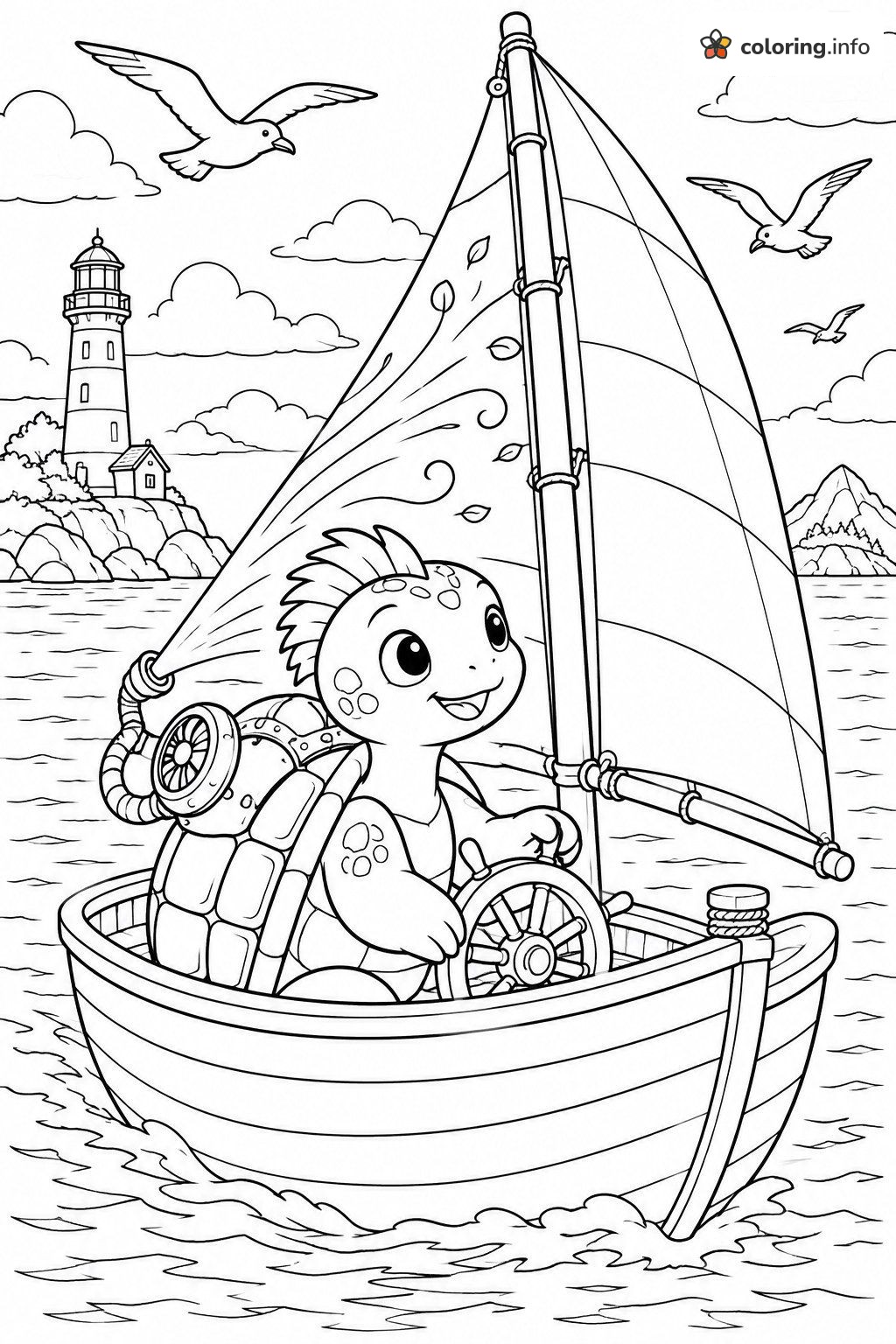 Sailboat Captain Blastoise Turtle Near the Lighthouse coloring page Sailboat Captain Blastoise Turtle Near the Lighthouse coloring page