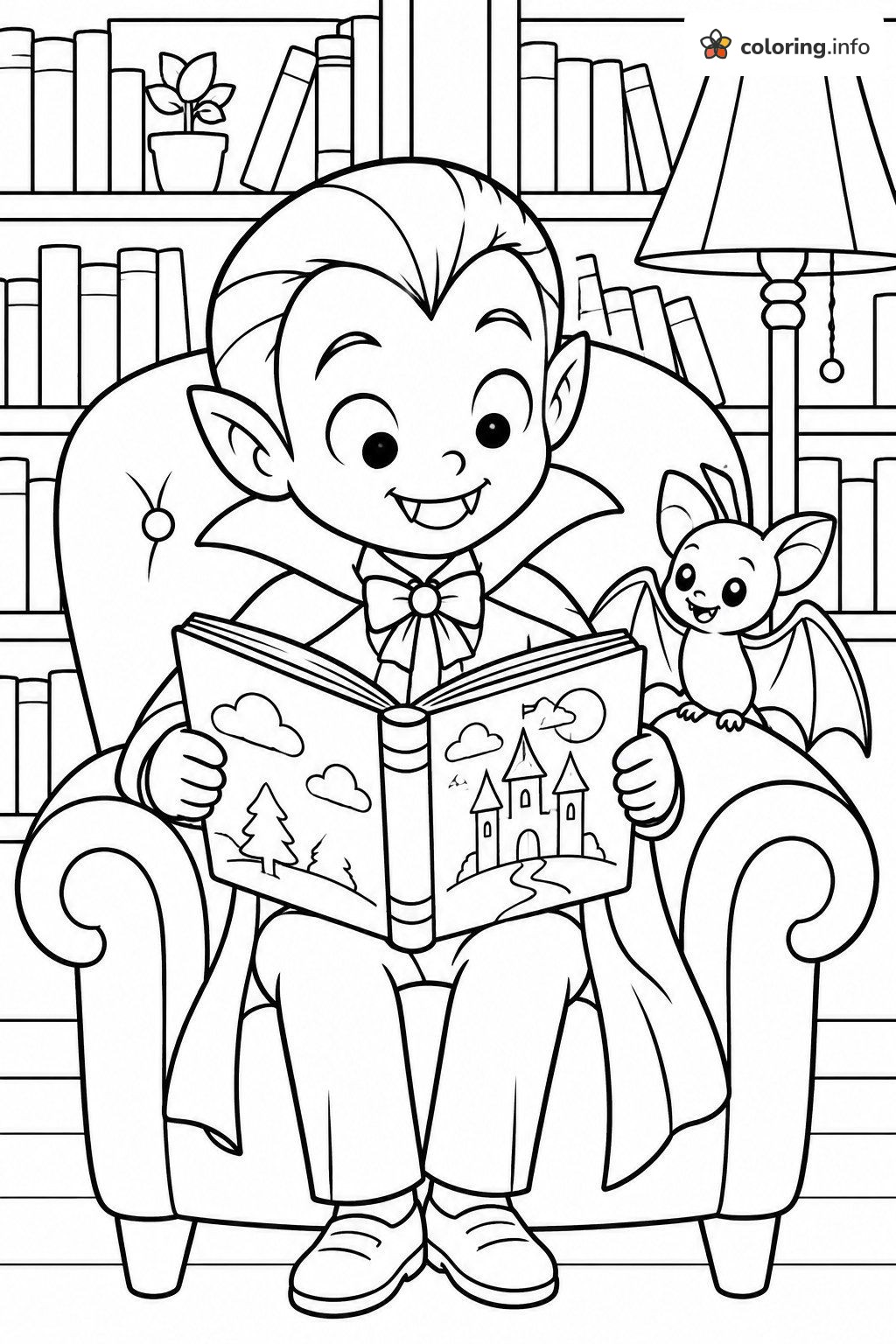 Storybook Time for a Little Vampire in an Armchair coloring page Storybook Time for a Little Vampire in an Armchair coloring page