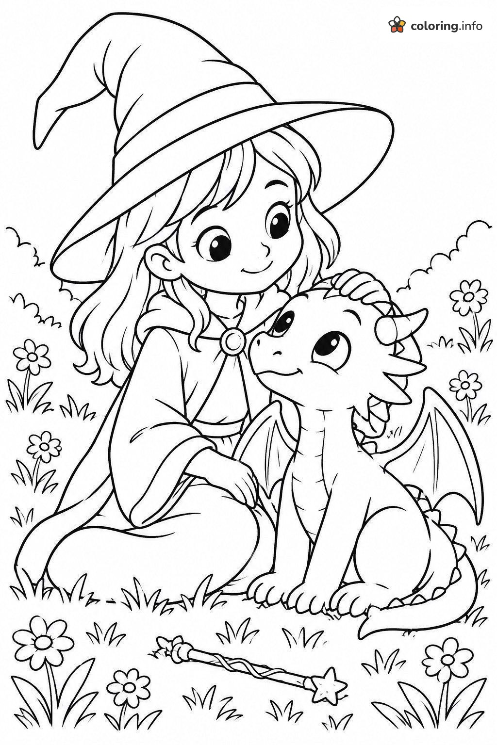 Baby Dragon Gets a Pat from a Witch coloring page Baby Dragon Gets a Pat from a Witch coloring page