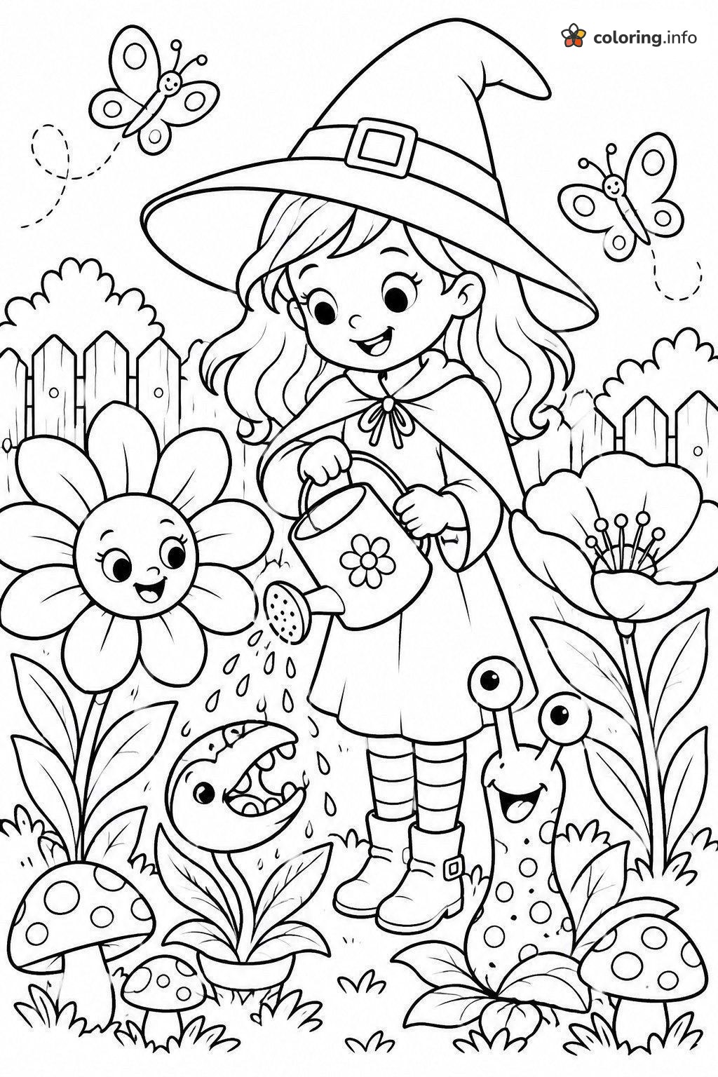 Garden Witch Watering Smiling Flowers coloring page Garden Witch Watering Smiling Flowers coloring page