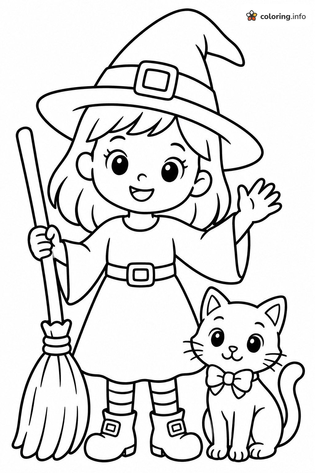 Waving Witch With Broom and Kitten coloring page Waving Witch With Broom and Kitten coloring page