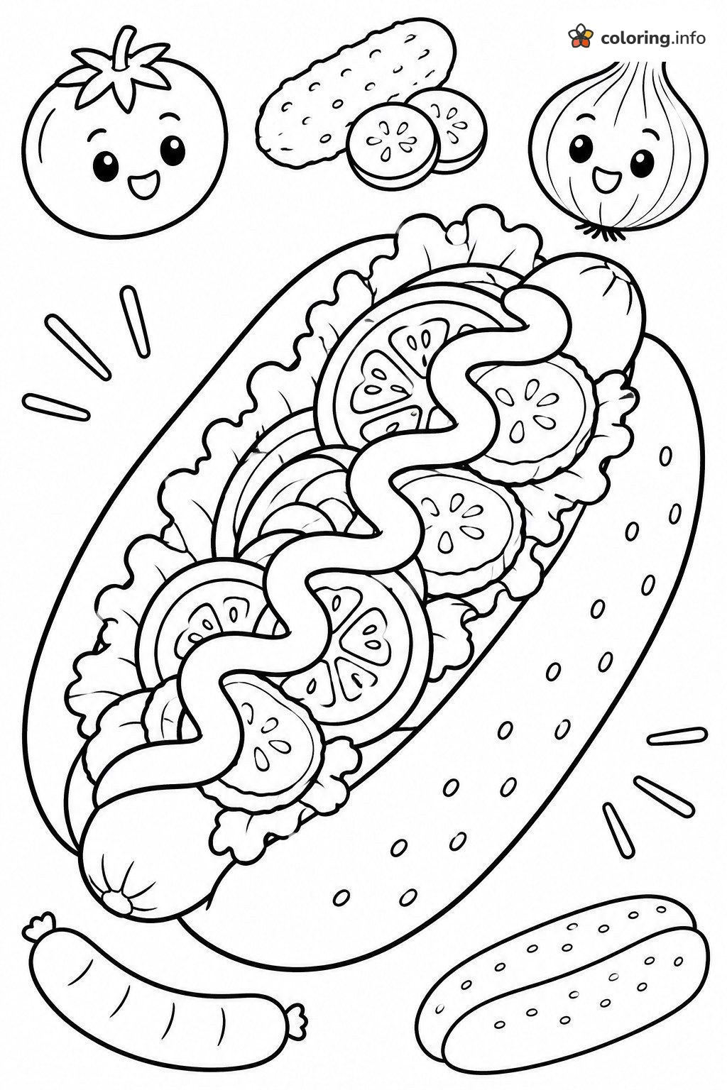 Piled-High Hot Dog with Tomato and Onion Friends coloring sheet Piled-High Hot Dog with Tomato and Onion Friends coloring sheet