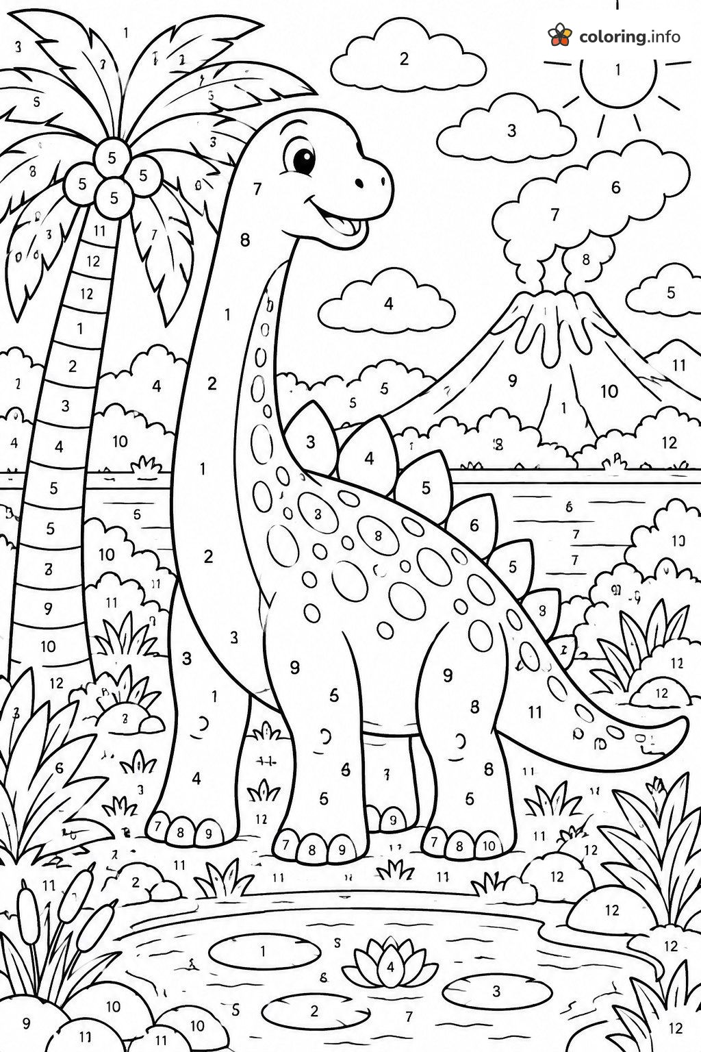 Long-Neck Dinosaur Color by Number with Volcano and Palm printable coloring page Long-Neck Dinosaur Color by Number with Volcano and Palm printable coloring page
