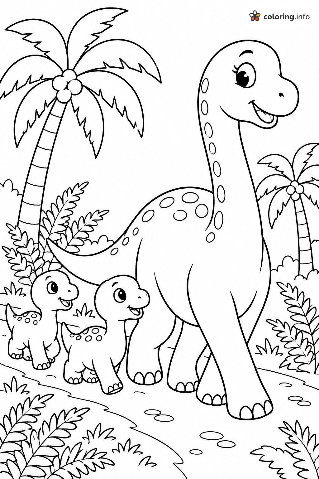 Mama Dinosaur and Two Babies on a Palm Tree Path coloring page Mama Dinosaur and Two Babies on a Palm Tree Path coloring page