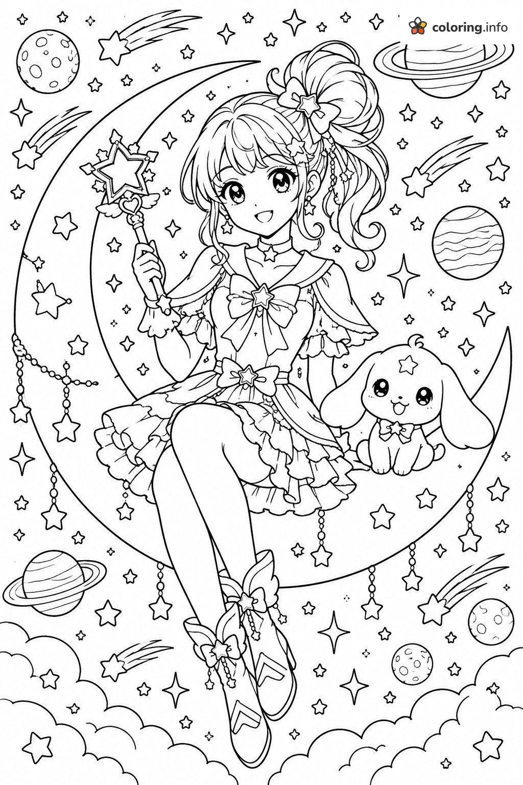 Moonlit Magical Girl and Bunny on a Crescent, Glitter Force coloring page Moonlit Magical Girl and Bunny on a Crescent, Glitter Force coloring page