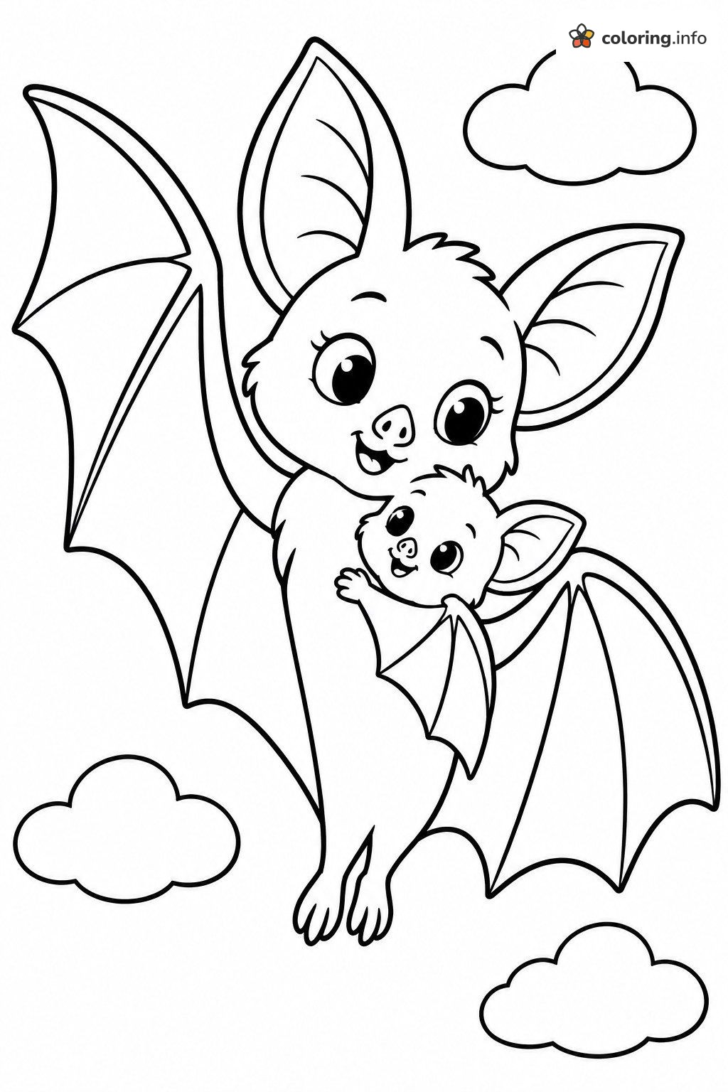 Mama Bat and Her Baby Flying Together printable coloring page Mama Bat and Her Baby Flying Together printable coloring page