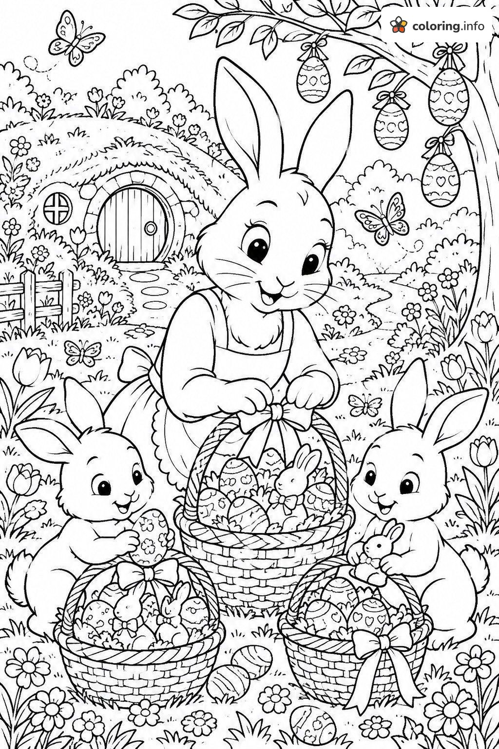 Mama Bunny Fixing Easter Baskets Near a Round Hillside Door coloring page Mama Bunny Fixing Easter Baskets Near a Round Hillside Door coloring page