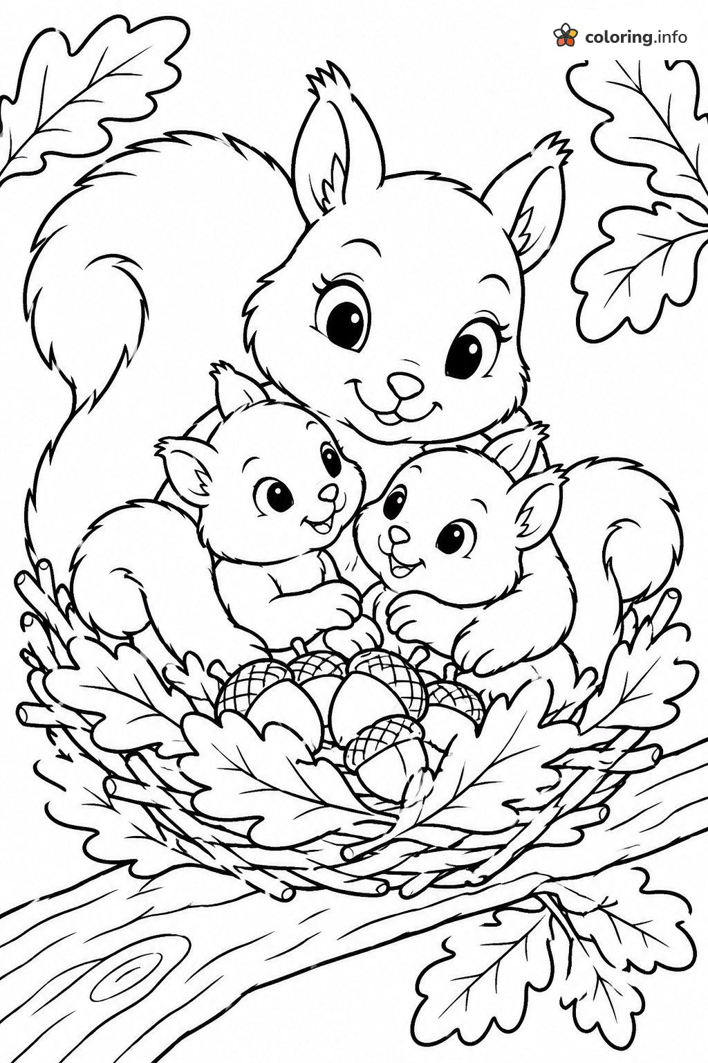 Mama Squirrel Cuddling Two Babies in a Nest coloring page Mama Squirrel Cuddling Two Babies in a Nest coloring page