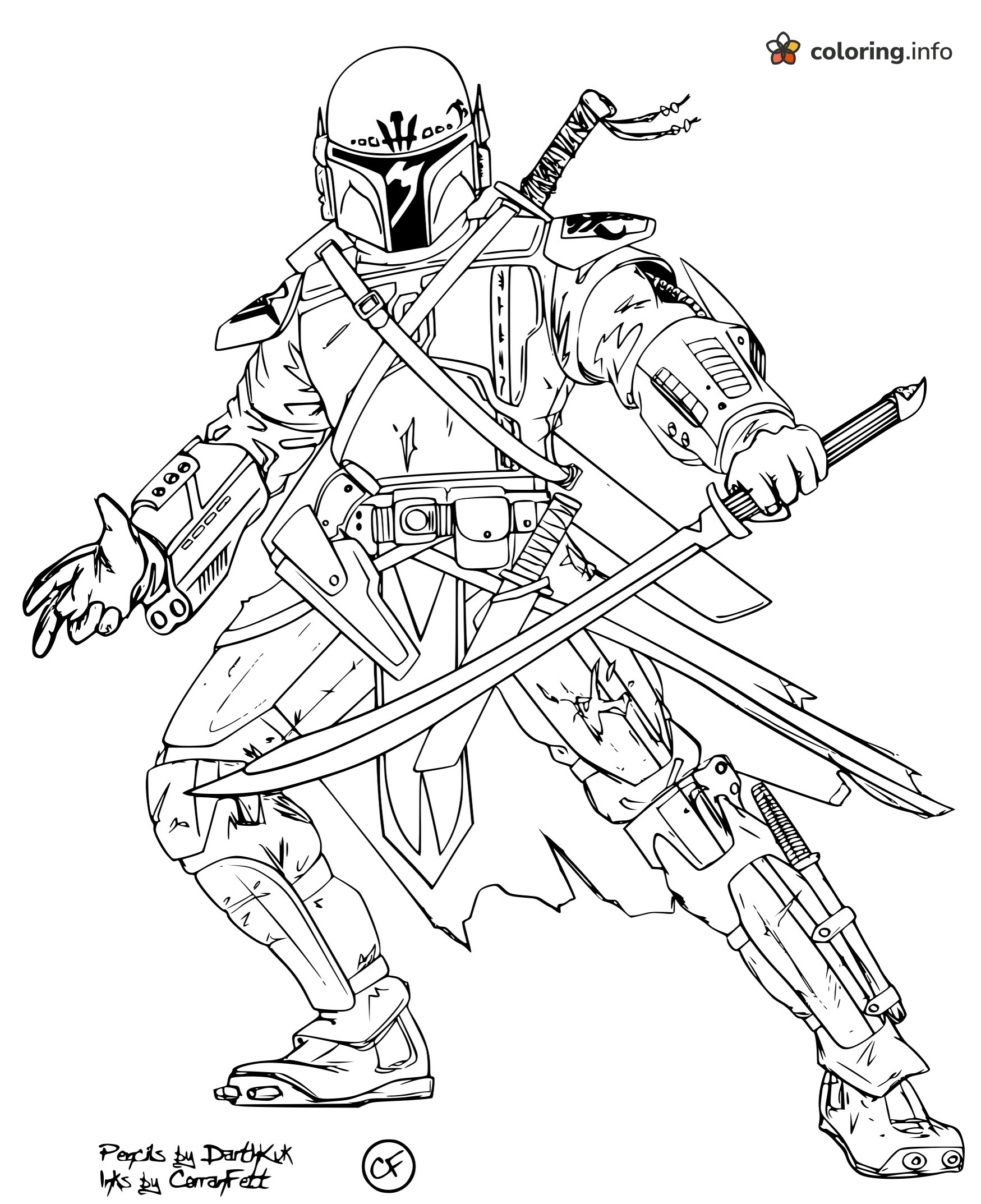 Mandalorian Warrior with Curved Sword, Star Wars Style coloring page Mandalorian Warrior with Curved Sword, Star Wars Style coloring page