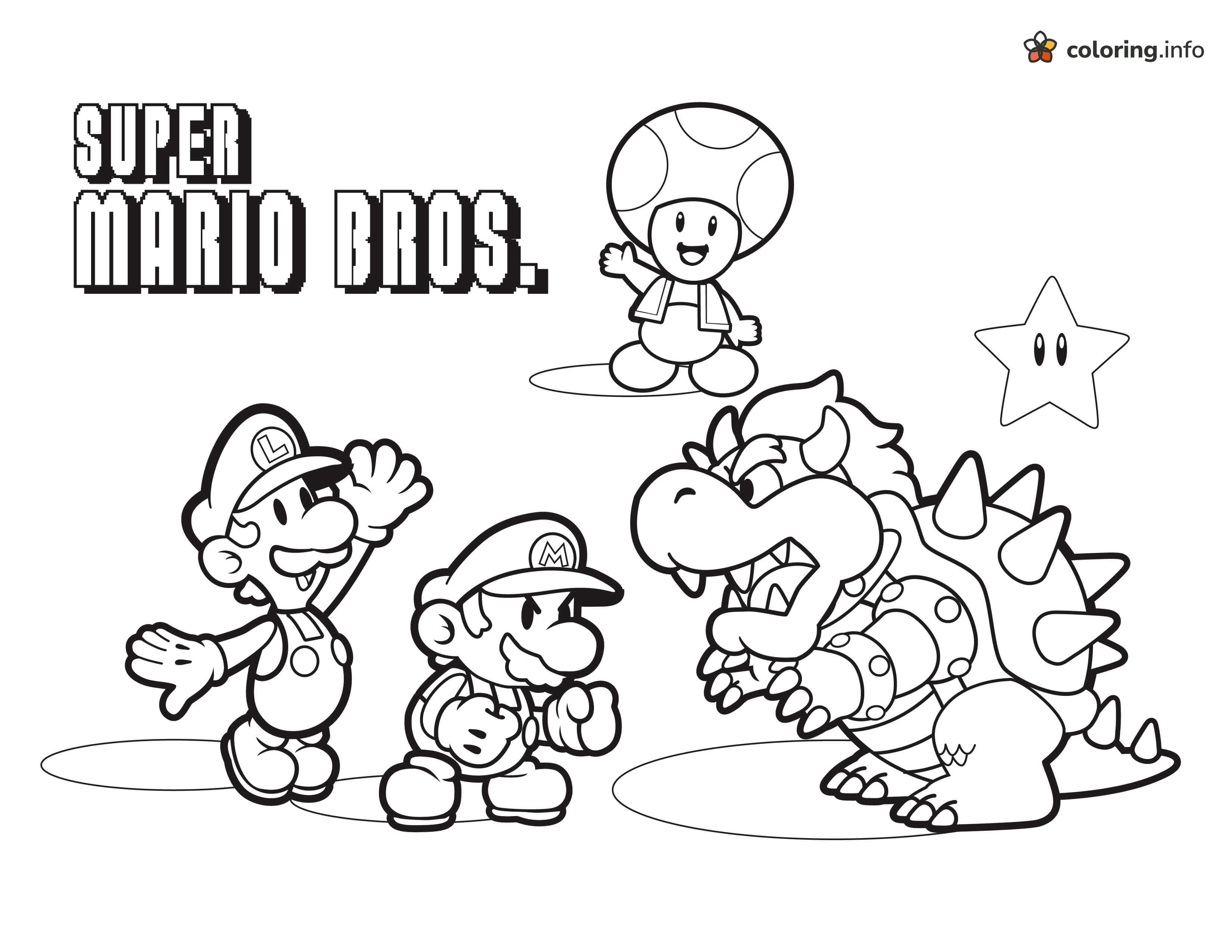 Mario, Luigi and Toad Take On Bowser: Super Mario Bros. Scene coloring page Mario, Luigi and Toad Take On Bowser: Super Mario Bros. Scene coloring page