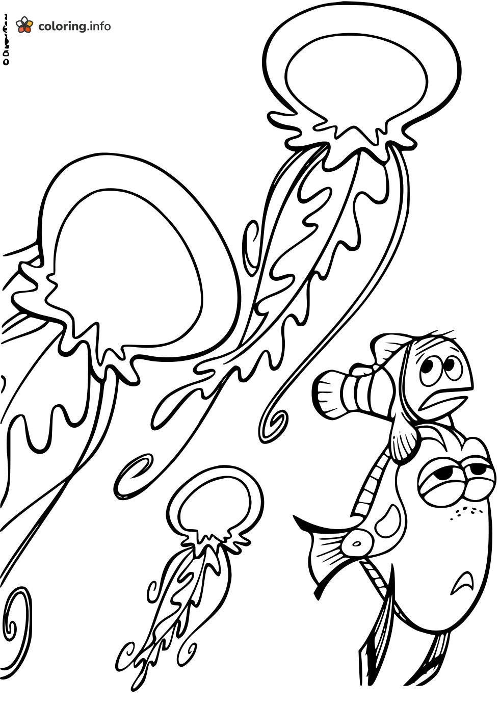 Jellyfish Trouble for Marlin and Dory in Finding Nemo coloring page Jellyfish Trouble for Marlin and Dory in Finding Nemo coloring page