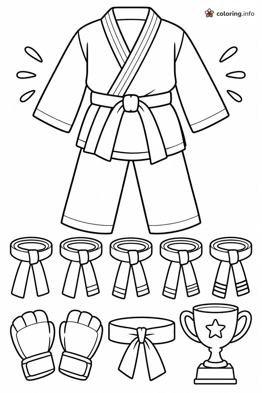 Martial Arts Gear Set: Uniform, Belts, Gloves and Trophy printable coloring page Martial Arts Gear Set: Uniform, Belts, Gloves and Trophy printable coloring page