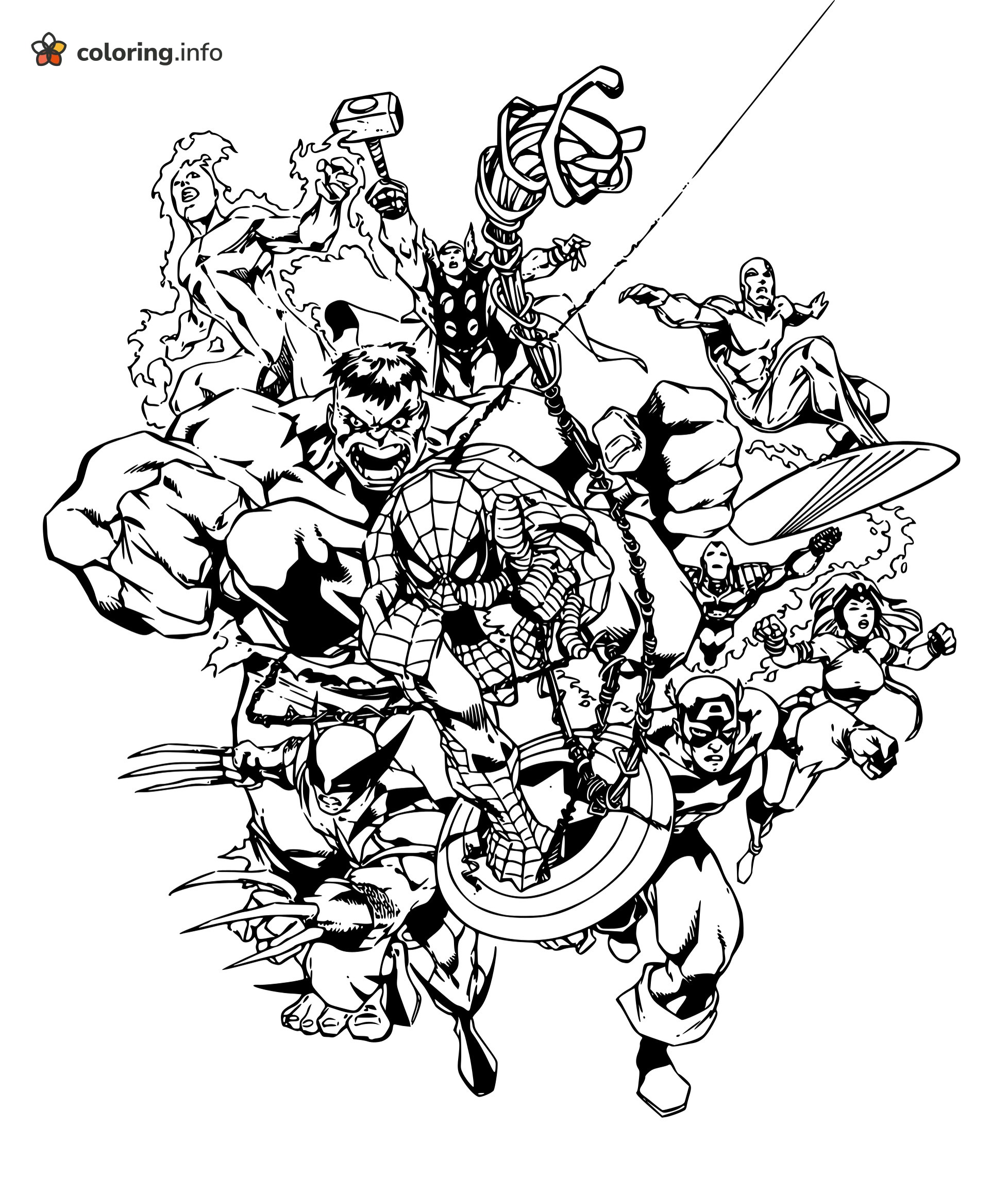 Marvel and Avengers Heroes Charging Forward in a Crowd coloring page Marvel and Avengers Heroes Charging Forward in a Crowd coloring page
