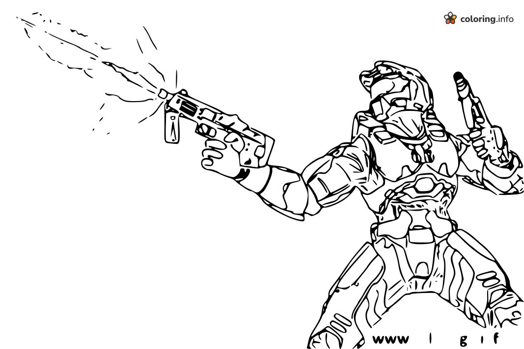 Muzzle Flash Action With Halo's Master Chief coloring page Muzzle Flash Action With Halo's Master Chief coloring page