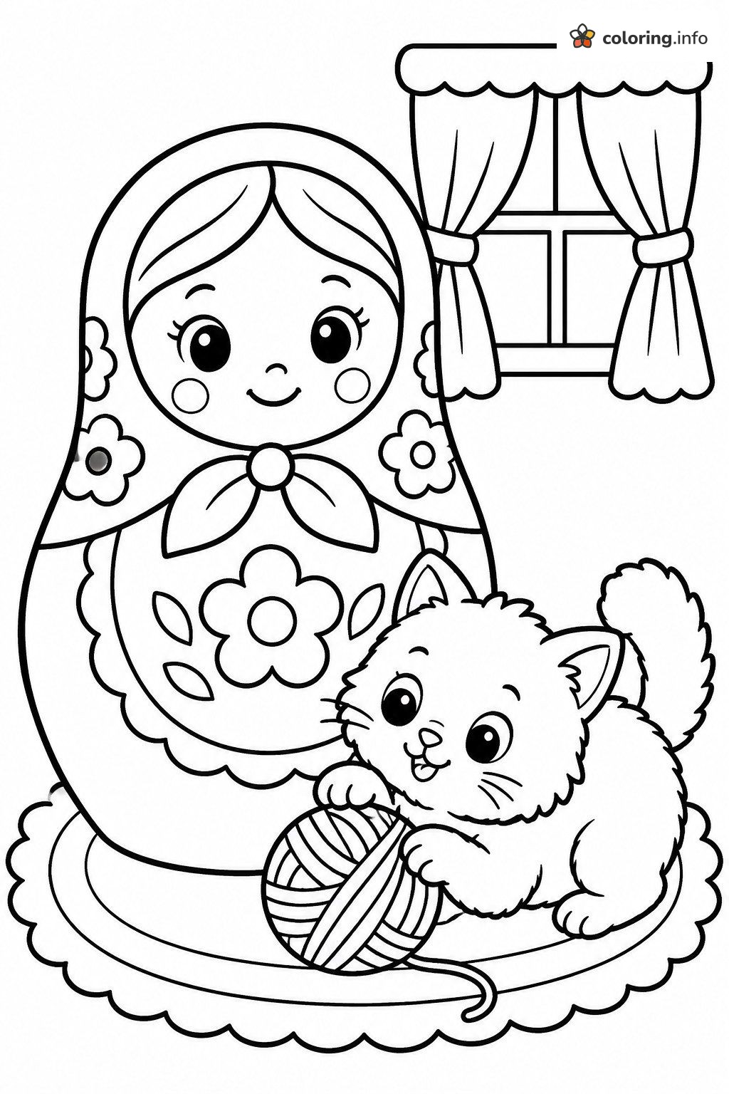 Kitten and Yarn Beside a Matryoshka Doll coloring page Kitten and Yarn Beside a Matryoshka Doll coloring page