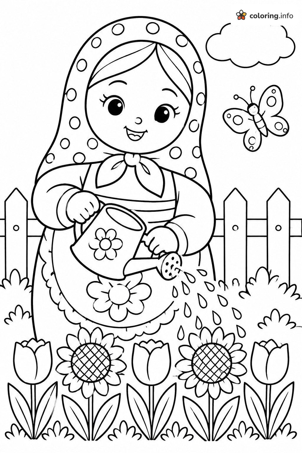 Garden Watering Day with a Matryoshka Doll coloring page Garden Watering Day with a Matryoshka Doll coloring page