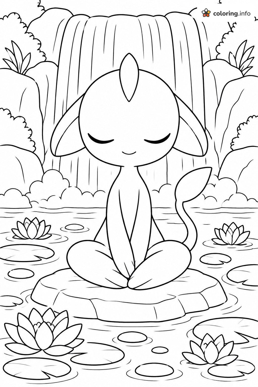 Calm Cat Creature Meditating by a Waterfall, Mewtwo Printable coloring page Calm Cat Creature Meditating by a Waterfall, Mewtwo Printable coloring page